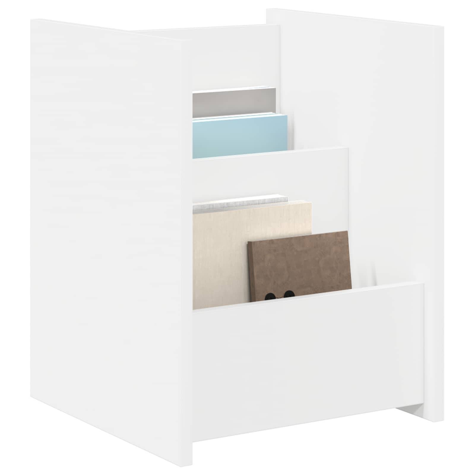 Ein weißes, modernes, minimalistisches Bücherregal mit drei Regalen, das mehrere Bücher mit farbigen Einbänden trägt. Geeignet für kleine Räume.