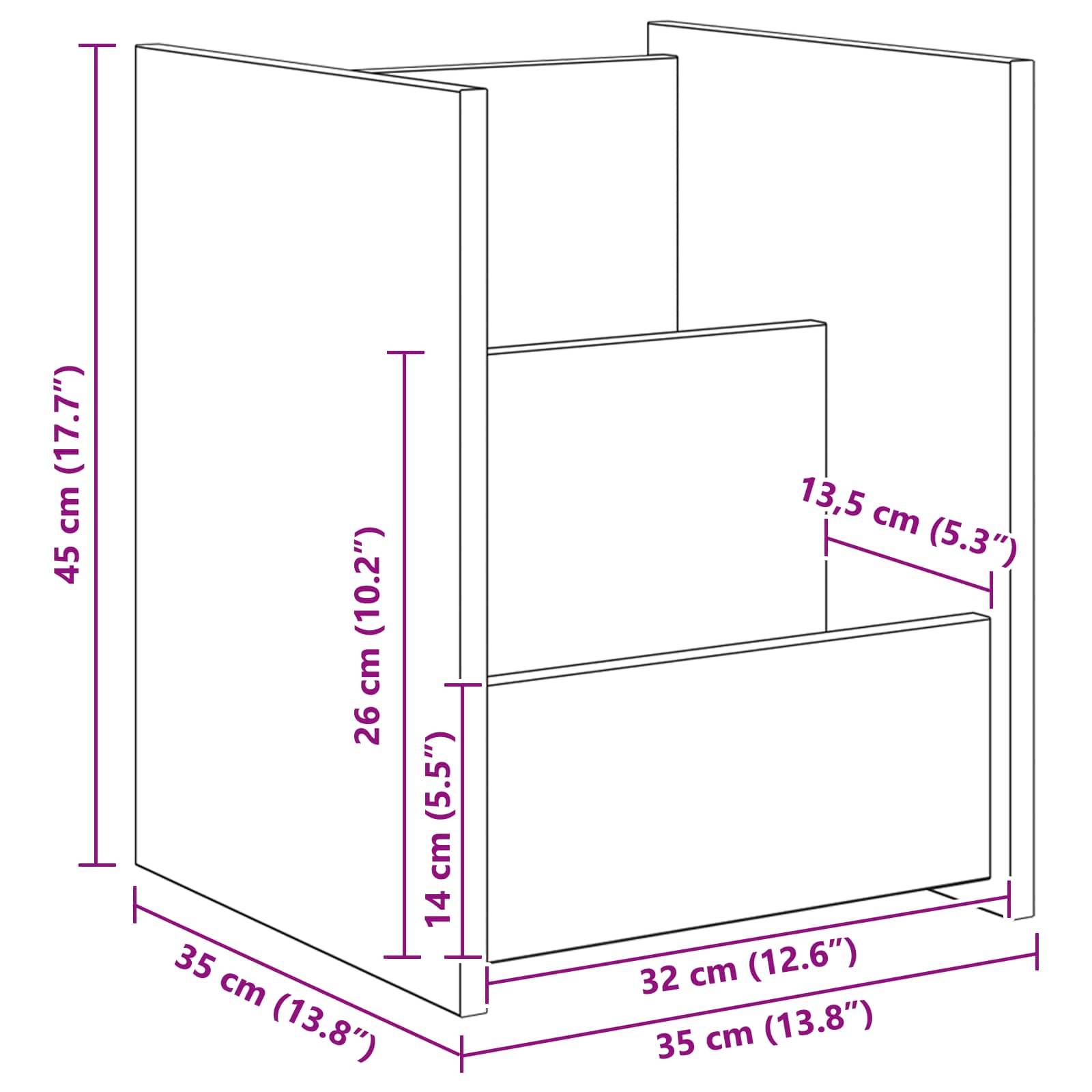 Dreistufiges Regaldiagramm mit Abmessungen: Höhe 45 cm, Tiefe 35 cm, Breite 35 cm; einzelne Regaltiefen 14 cm, 26 cm und 45 cm.