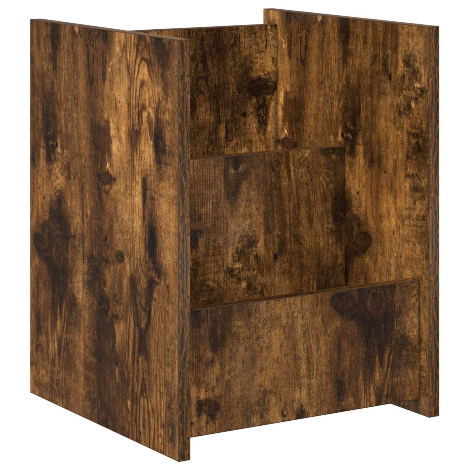 Ein Nachttisch aus Holz mit rustikaler Oberfläche, der zwei offene Regale zur Aufbewahrung bietet. Die Holzmaserung und warmen Töne verleihen ihm ein Vintage-Ambiente.