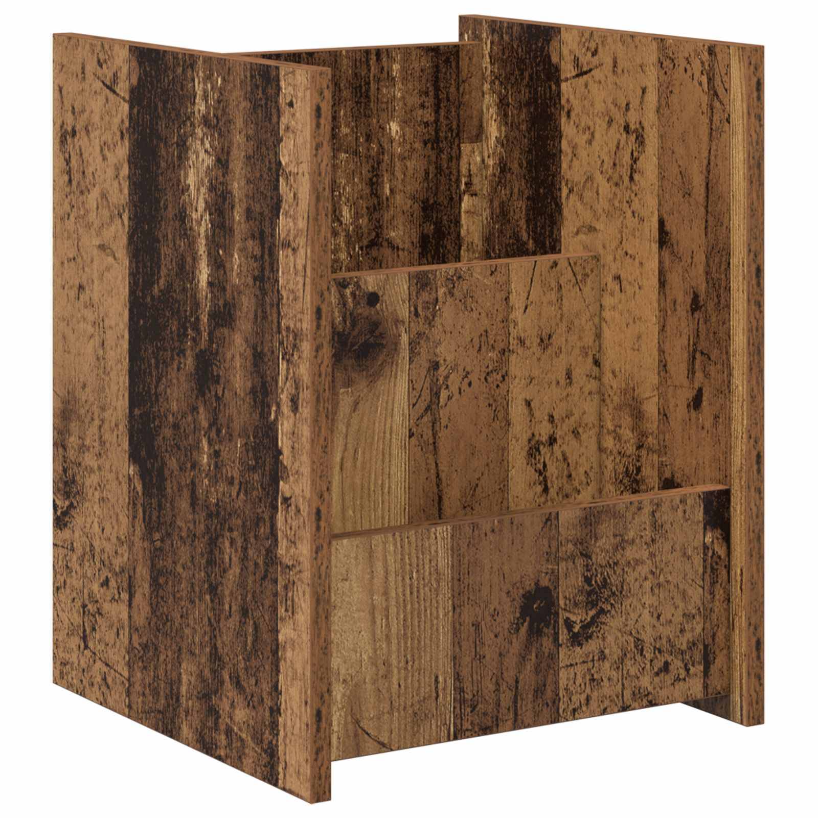 Rustikaler Zeitschriftenständer aus Holz mit offenem Design und natürlicher brauner Oberfläche, der mehrere Fächer zum Sortieren von Zeitungen und Zeitschriften aufweist.
