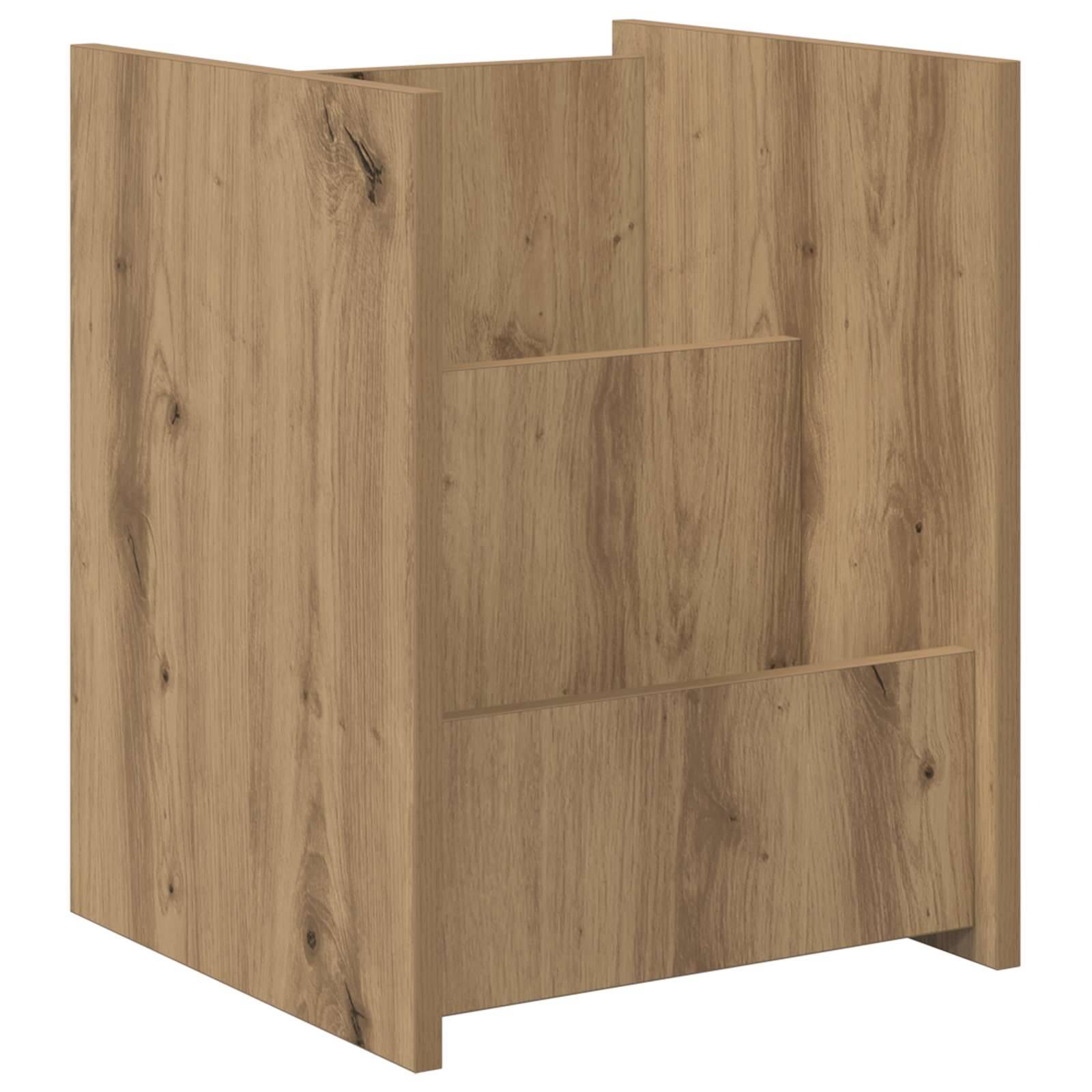 Holz-Waschtischschrank mit natürlicher Maserungsstruktur, zwei unmarkierten Schubladen und offener Rückseite, für die Verwendung im Badezimmer konzipiert.