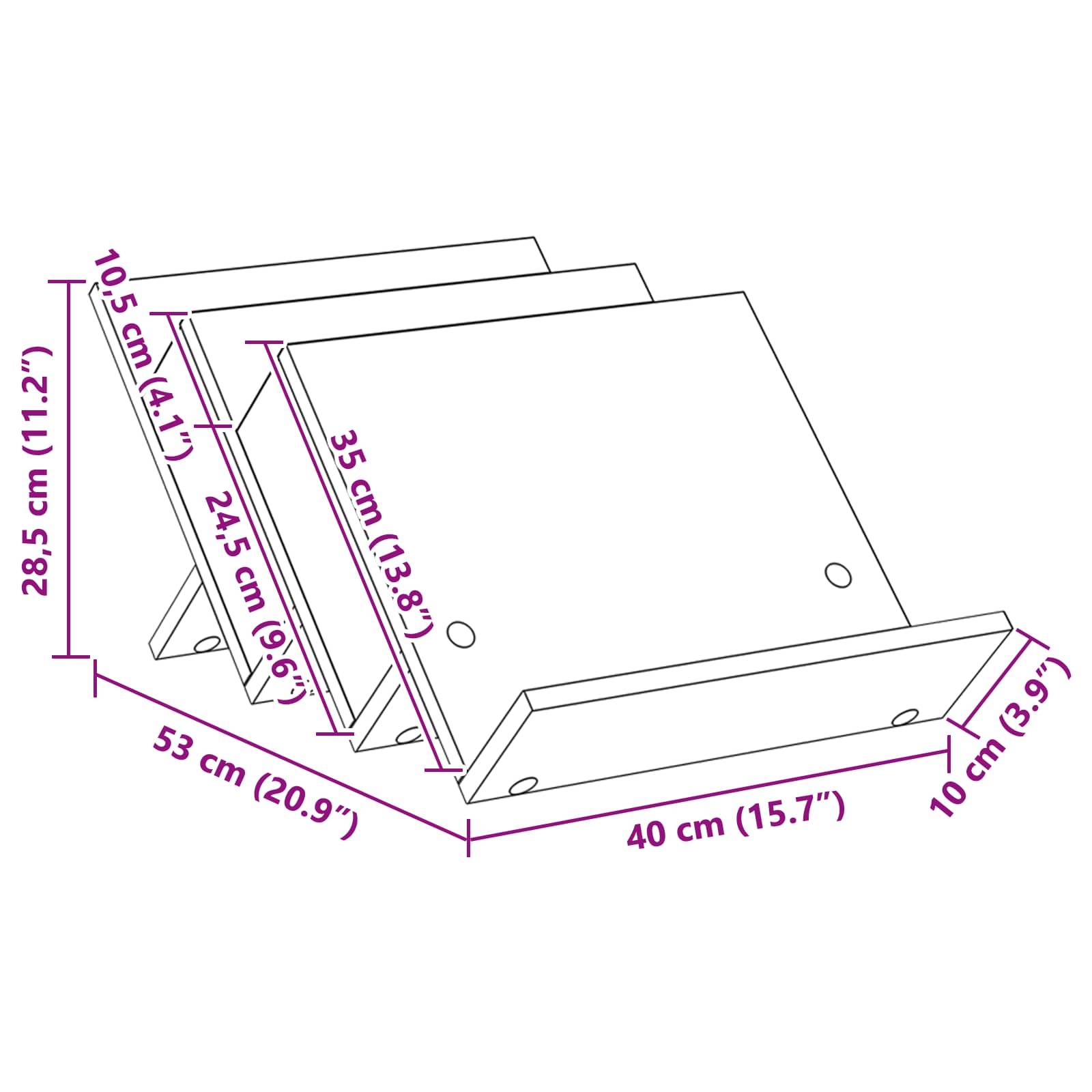 Linienzeichnung von drei Regalen mit Abmessungen: Höhe 28,5 cm, Tiefe 10 cm, Breite 53 cm. Einzelne Regalgrößen: 35,5 cm, 24,5 cm, 10,5 cm.