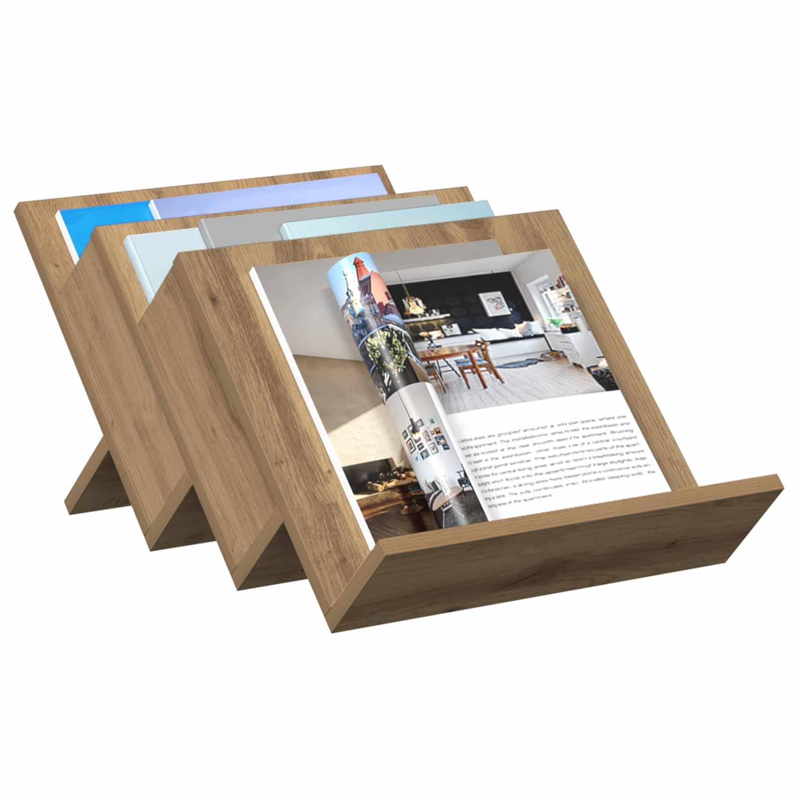 Ein Holz-Zeitschriftenständer hält eine Vielzahl geöffneter Zeitschriften, die Innenarchitektur- und Architekturbilder präsentieren und stilvolle Wohnungseinrichtungen zur Schau stellen.
