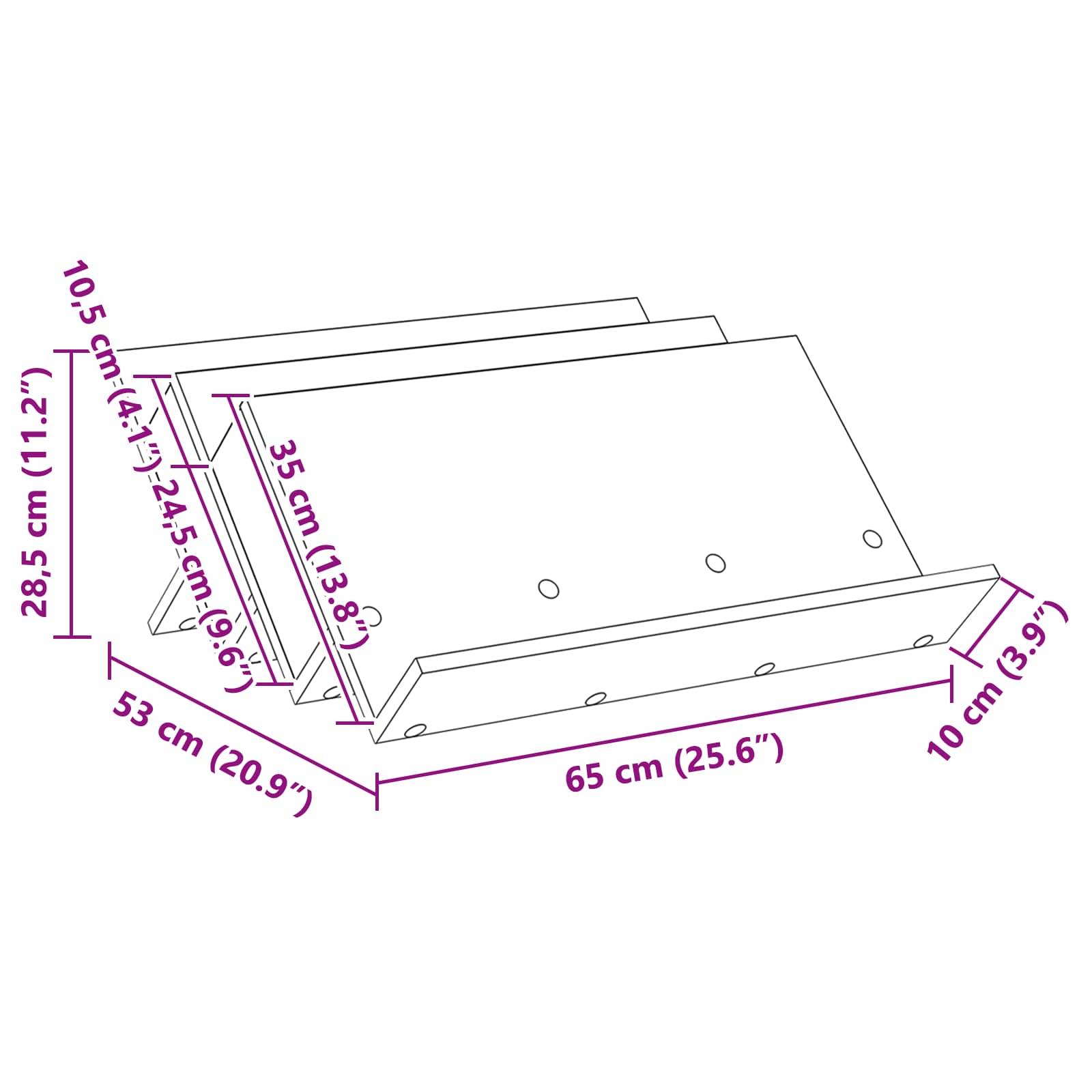 Diagramm einer gewinkelte Metallstützkonsole mit Abmessungen: Tiefe 10 cm, Breite 65 cm, Höhe 28,5 cm; enthält zusätzliche Seitenplattengröße.