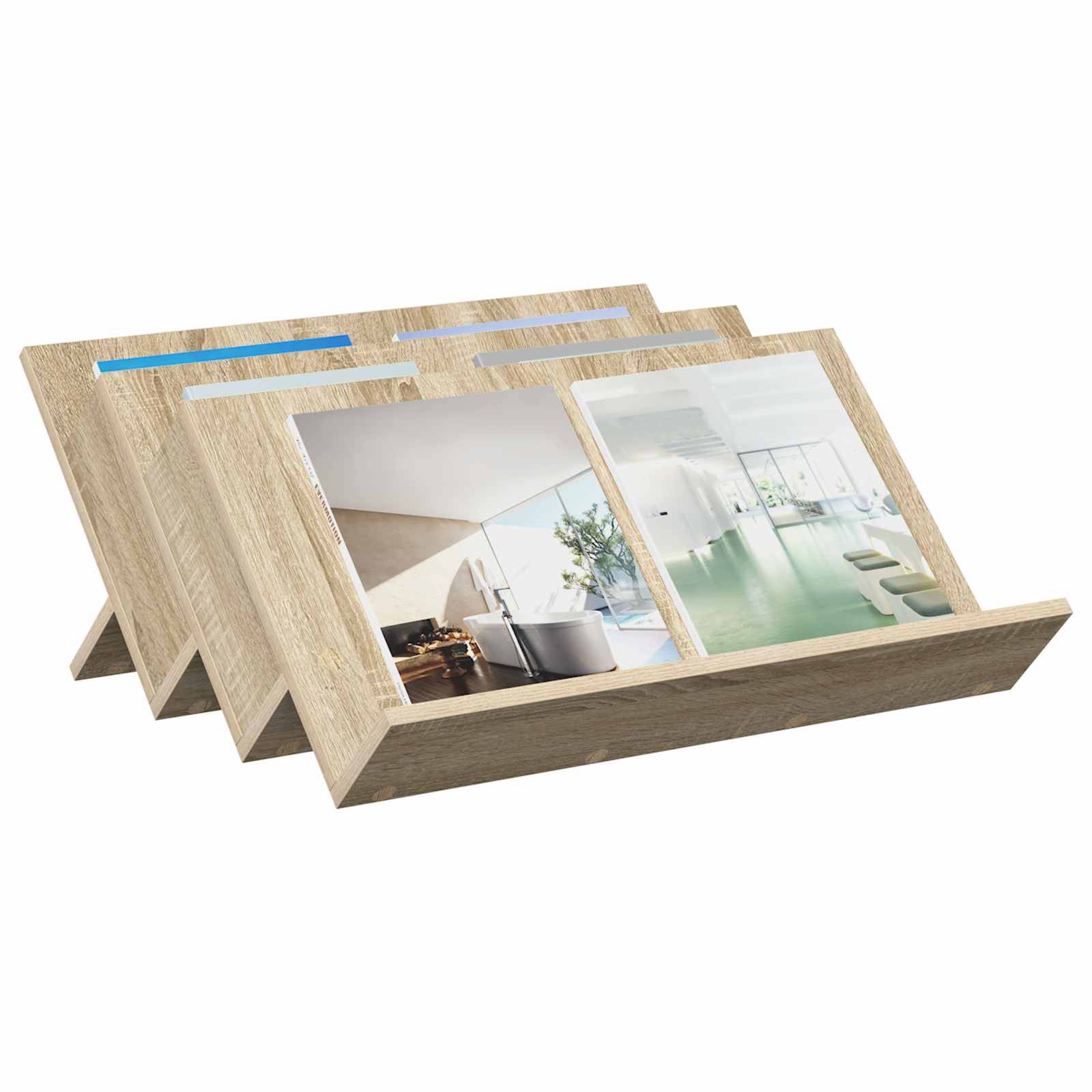 Drei Fotorahmen aus Holz sind in einem Zickzackmuster angeordnet und zeigen Bilder von modernen, minimalistischen Innenarchitekturen mit natürlichem Licht.