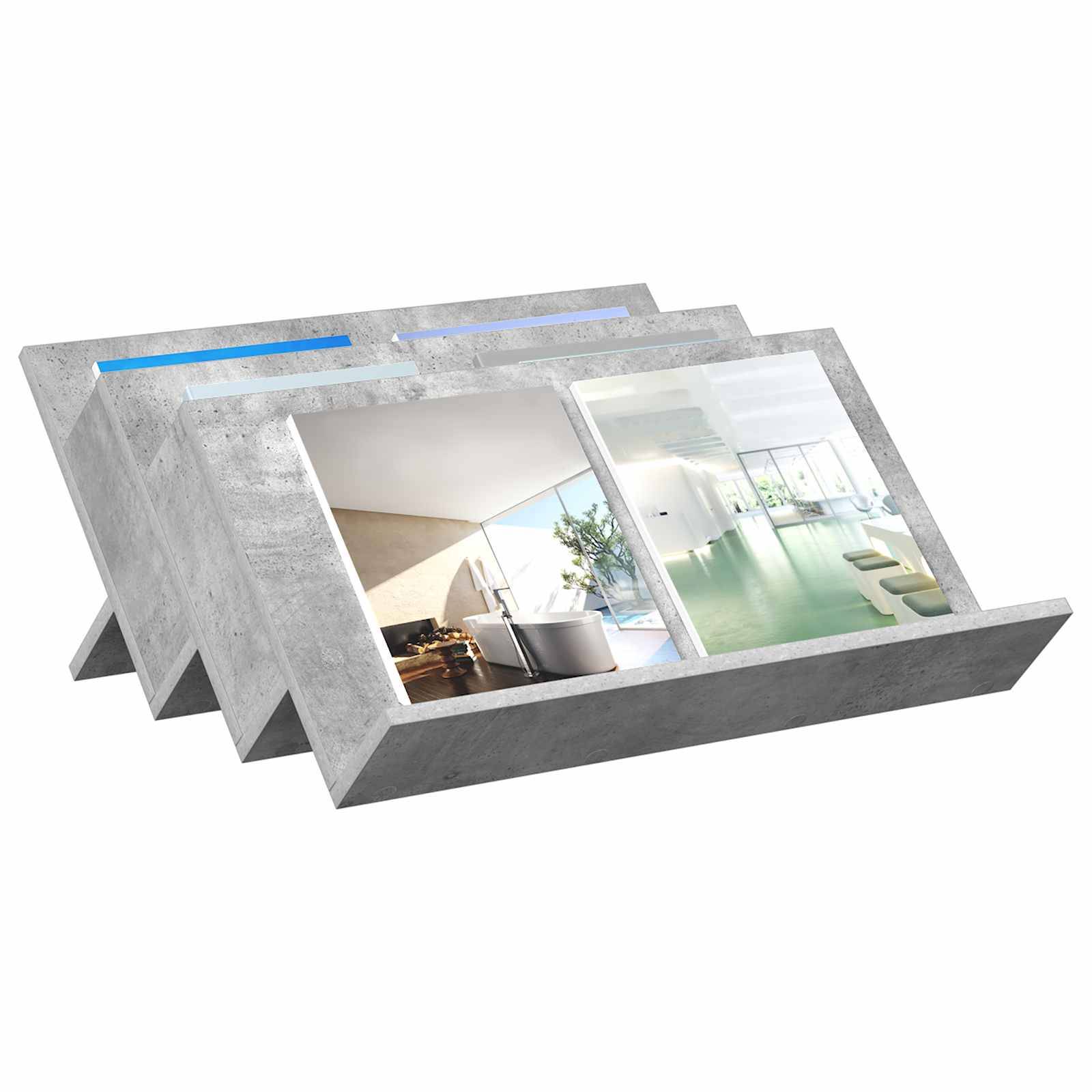 Ein 3D-Modell eines offenen Buches oder Magazins mit einem modernen, minimalistischen Innendesign auf den Seiten, präsentiert auf einem Betonständer.