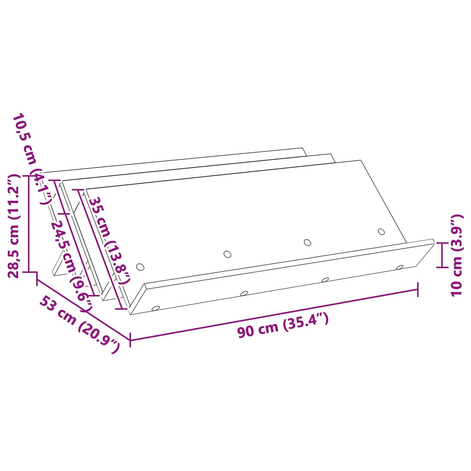 Diagramm eines geneigten Daches mit Maßen: 90 cm Breite, 28,5 cm Höhe, 53 cm seitliche Tiefe und 10 cm Basishöhe.