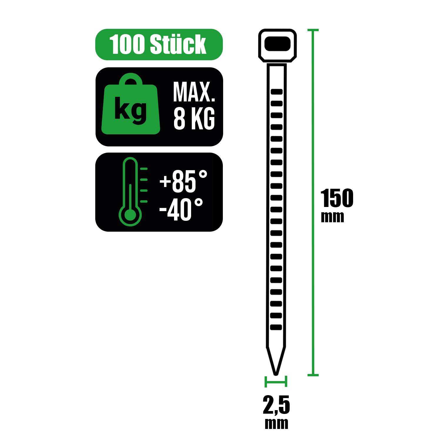 100 Stück' schwarze Kabelbinder, maximale Tragfähigkeit 8 kg, Temperaturbereich +85°C bis -40°C, Größe 150 mm x 2,5 mm.