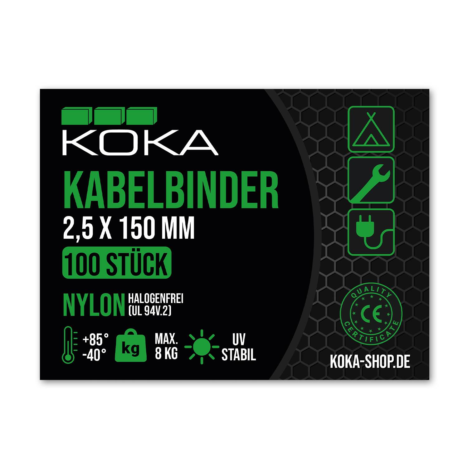 Kabelbinder-Verpackung: 2,5 x 150 mm, 100 Stück, Nylon, halogenfreie, UV-beständig, Temperaturbereich -40° bis +85°C, maximale Traglast 8 kg.