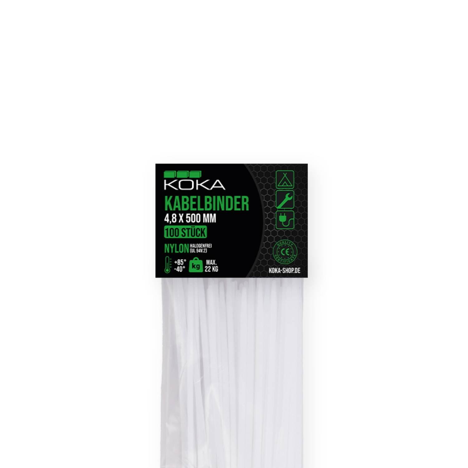 Packung Koka Kabelbinder, 4,8 x 500 mm, 100 Stück, Nylon, max. Belastbarkeit 22 kg, geeignet zum Organisieren von Kabeln und Befestigen von Gegenständen.