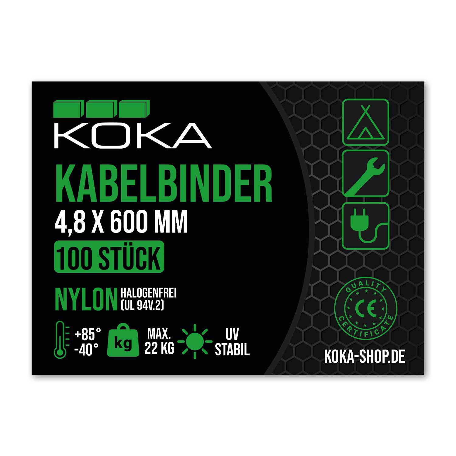 KOKA Kabelbinder, 100 Stück, 4,8 x 600 mm, Nylon, Halogenfrei, UV Stabil