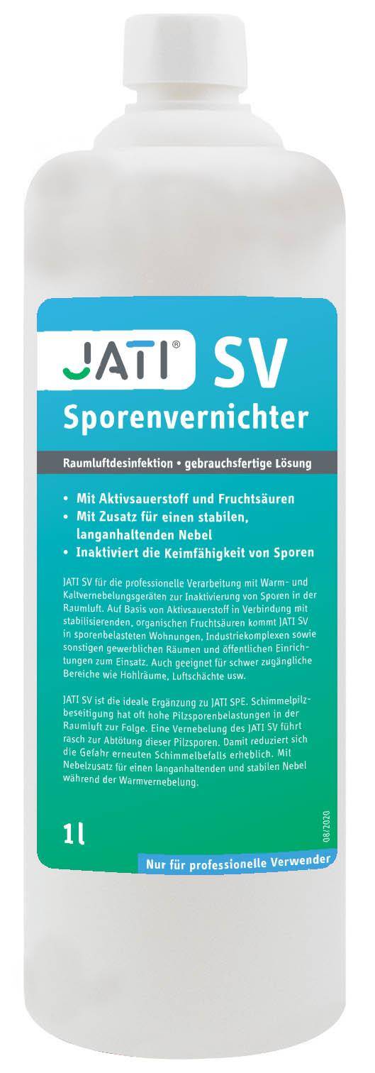 Weiße Flasche mit JATI SV 'Sporenvernichter' Reinigungslösung, gekennzeichnet mit 1L für professionelle Anwendung.