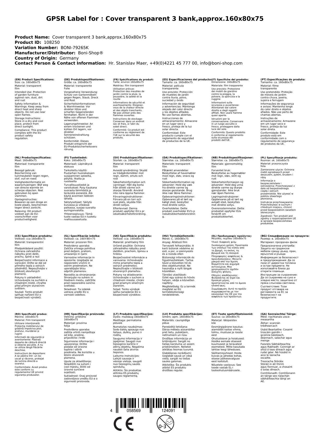 Das Bild zeigt eine detaillierte Tabelle mit Produktspezifikationen in mehreren Sprachen, darunter Englisch, Spanisch und Französisch, die in Spalten organisiert sind.