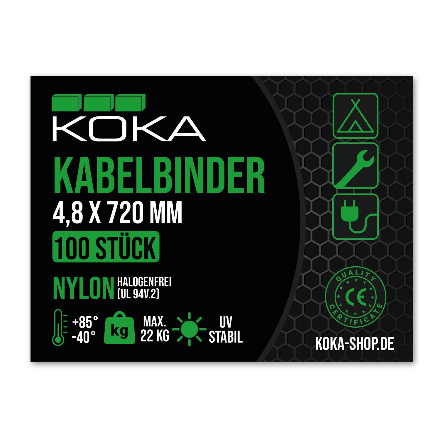 Ein Pack mit 100 Nylon-Kabelbindern, Größe 4,8 x 720 mm, geeignet für Temperaturen von -40 bis 85°C, max. Belastbarkeit 22 kg, UV-beständig, zertifizierte Qualität.