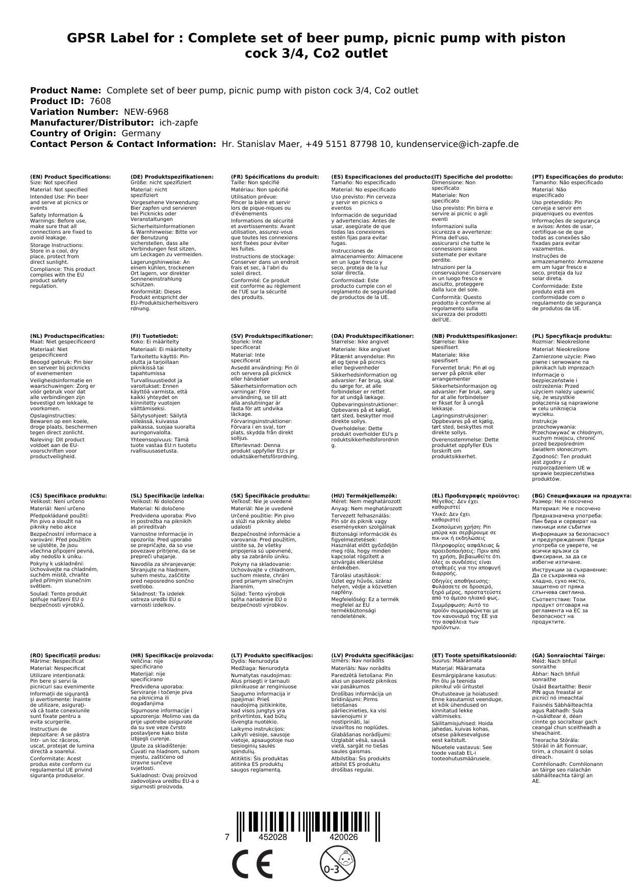 Technisches Dokument mit Produktspezifikationen und Kontaktinformationen, das verschiedene Länder und zugehörige Details aufführt.