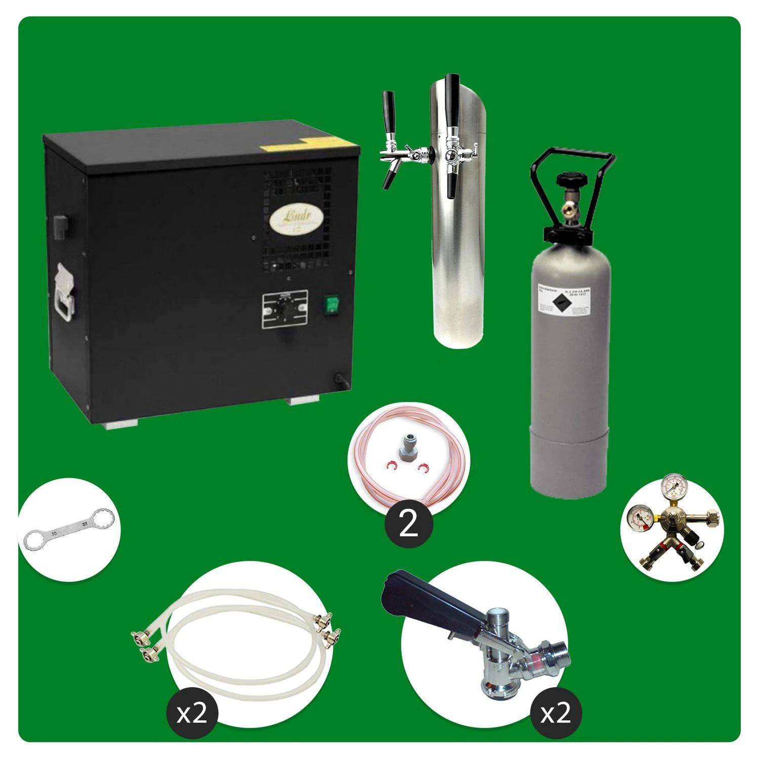Getränkesystemset mit Kühler, Zapfhähnen, Gasflasche, Schraubenschlüssel, Schläuchen, Manometer und Zapfventilen. Erforderliche Komponenten zur Getränkeausgabe.