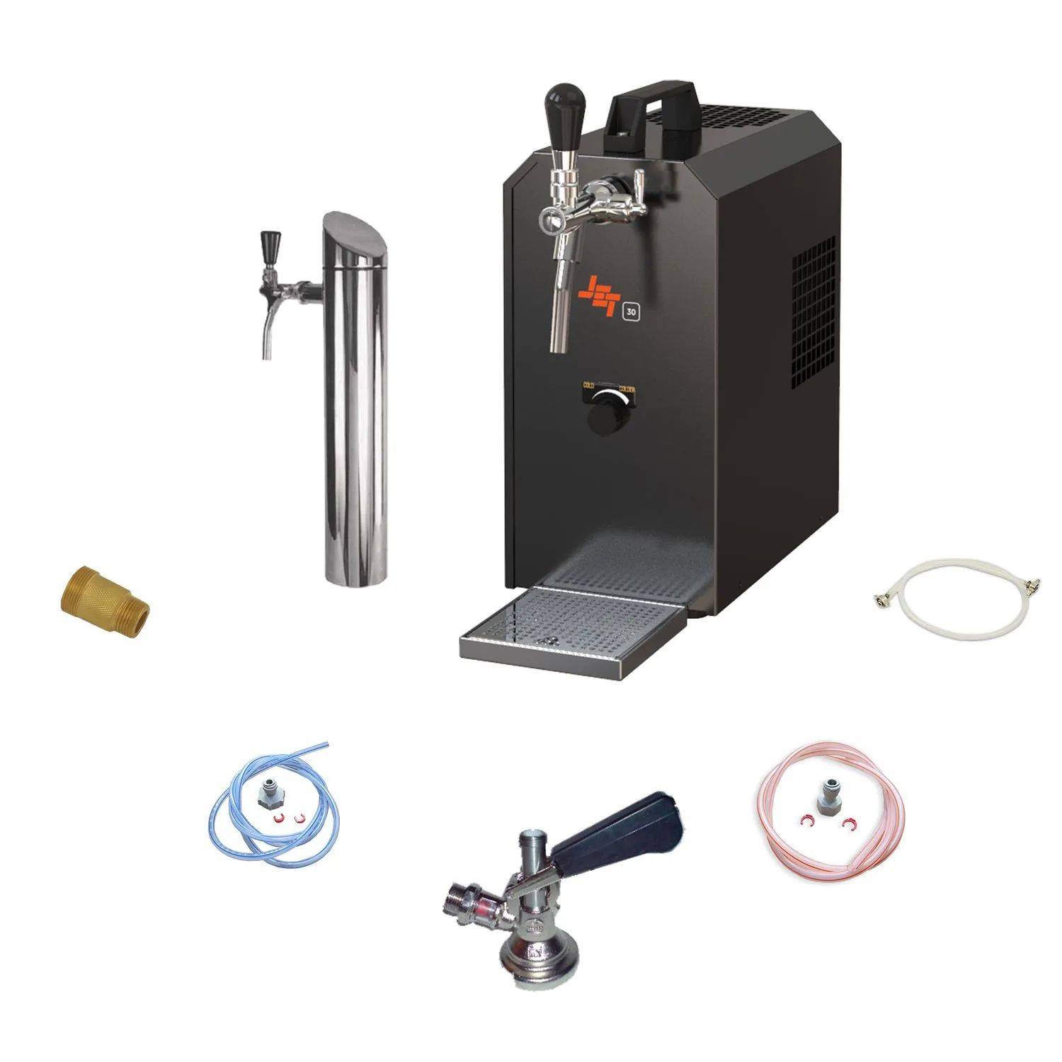 Kaffeemaschine mit Zapfhahn, die an eine schwarze Box angeschlossen ist, zusammen mit Teilen wie Schläuchen, Schellen und Hebeln, die drumherum angeordnet sind.