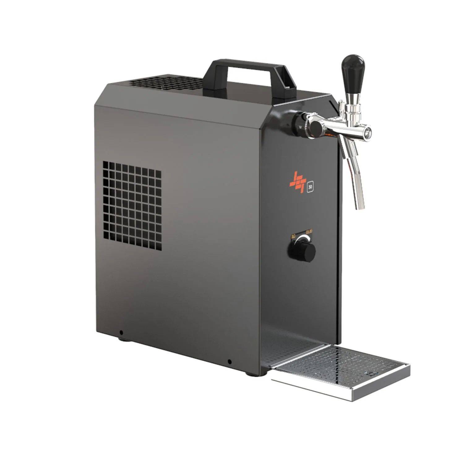 Ein schwarzer, tragbarer Bierspender mit einem einzelnen Zapfhahn und Auffangschale wird gezeigt. Er ist für die Nutzung auf Arbeitsflächen geeignet und verfügt über eine Belüftungsöffnung an der Seite.