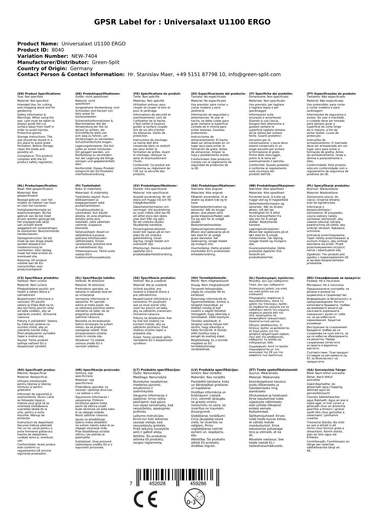 Die Abbildung enthält eine Tabelle mit Produktspezifikationen, einschließlich Kategorien wie 'Specifications' und 'Specifikation' in mehreren Sprachen.