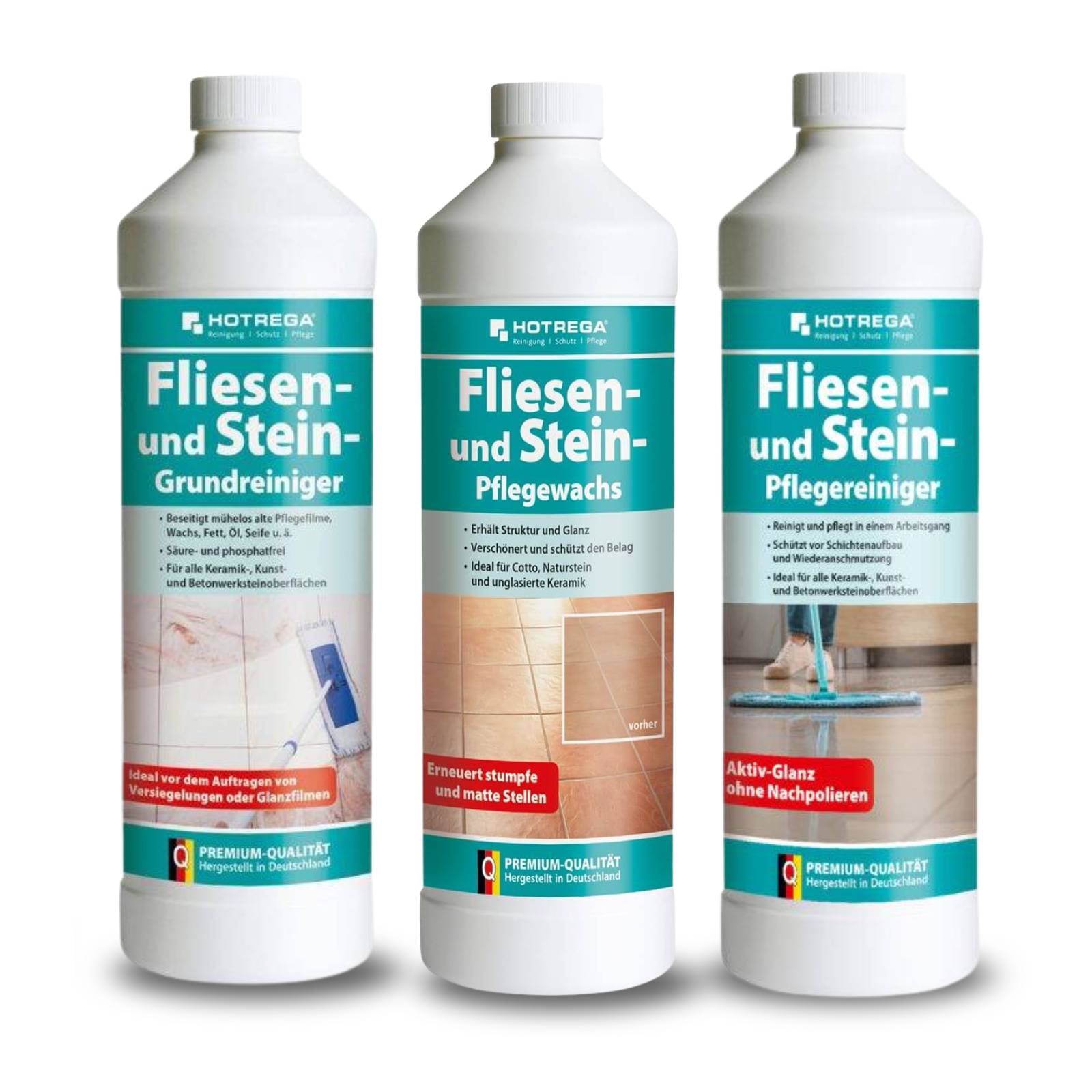 HOTREGA Fliesen & Stein Grundreiniger 1L, Pflegereiniger 1L, Pflegewachs 1L