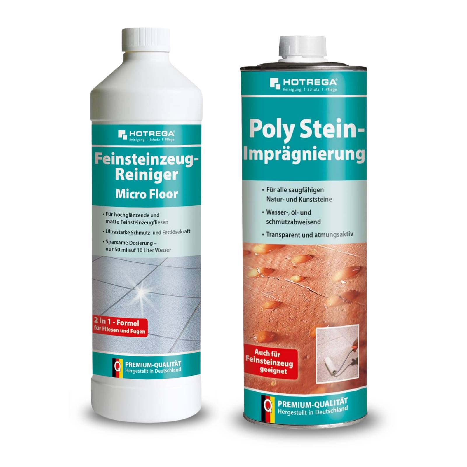 HOTREGA Poly Stein Imprägnierung 1L + Feinsteinzeug Reiniger Microfloor 1L