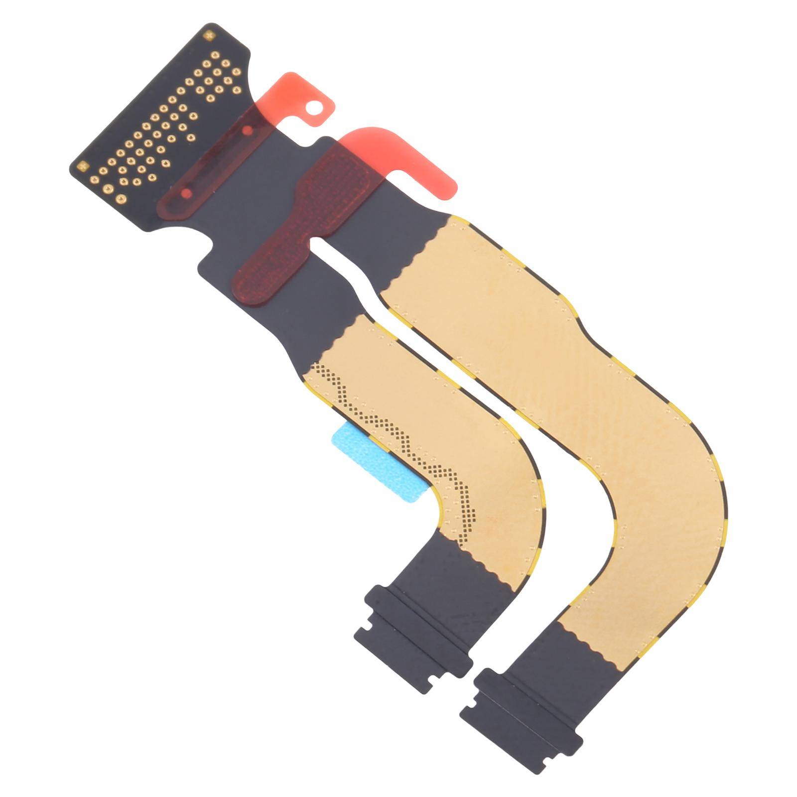 Eine Nahaufnahme eines flexiblen Leiterplattenkabels mit Anschlüssen an beiden Enden, das für elektronische Geräte verwendet wird, vor einem weißen Hintergrund.
