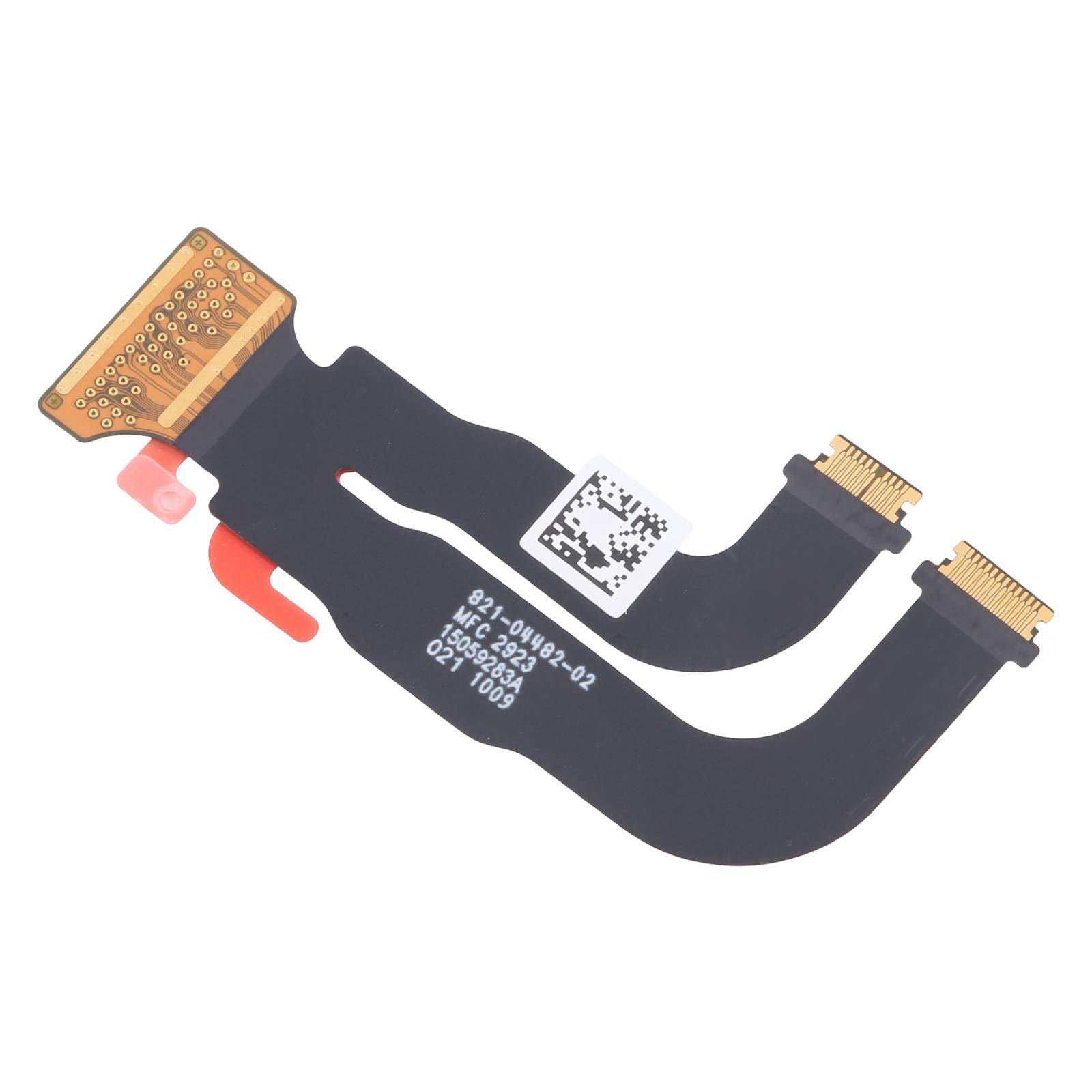 Ein schwarzes flexibles Schaltkreiskabel mit goldenen Anschlüssen an beiden Enden, beschriftet mit '821-03482-02'. Wird in elektronischen Geräten zur Herstellung von Verbindungen verwendet.