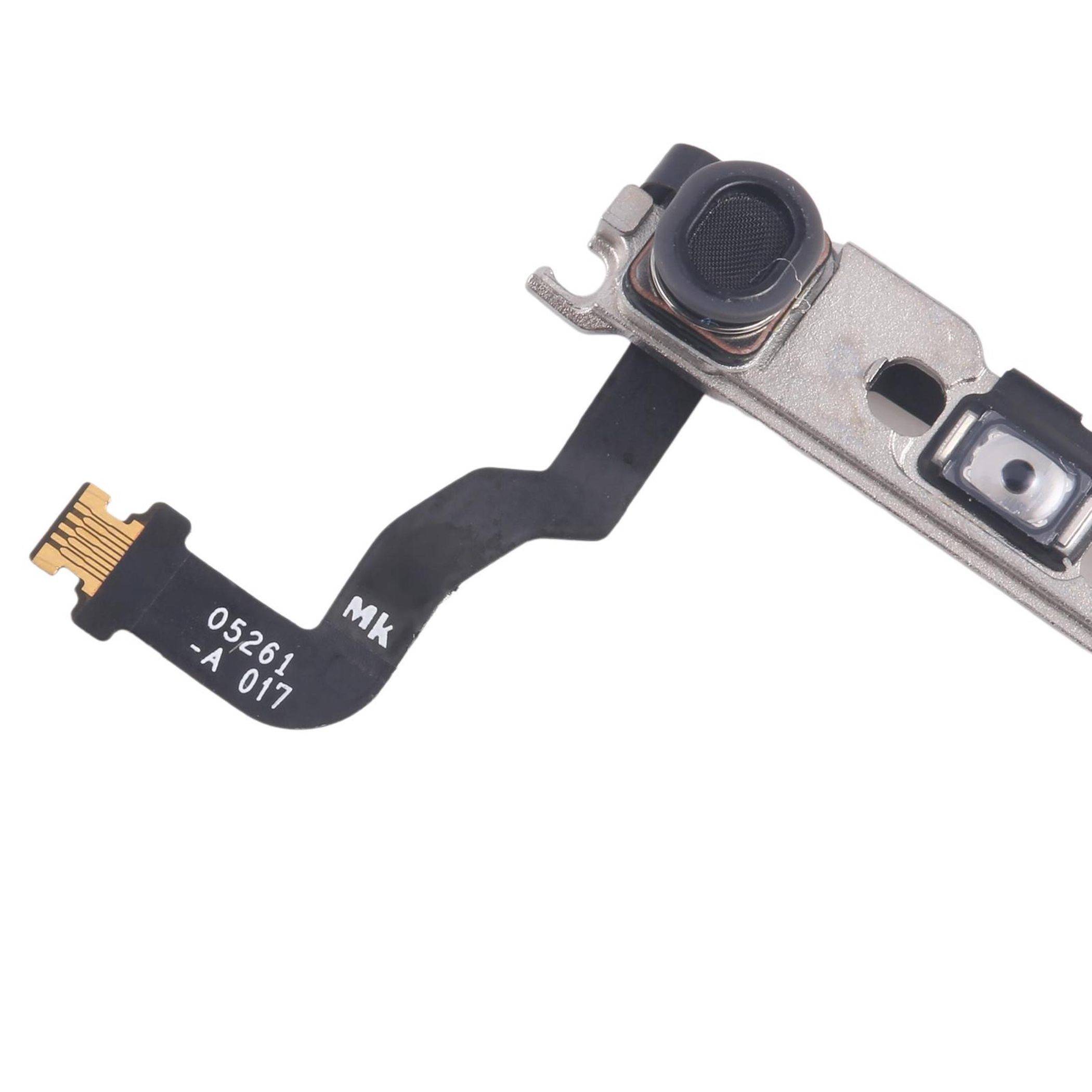 Eine Nahaufnahme einer internen Smartphonekomponente, die ein Flexkabel und eine kleine Kameralinse zeigt, die häufig bei Gerätereparaturen verwendet wird.