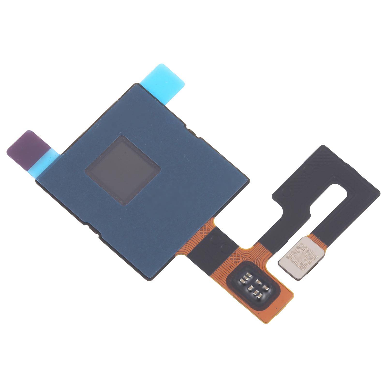 Eine kleine elektronische Komponente mit flachem, rechteckigem Design und flexiblem Flachbandkabel, höchstwahrscheinlich ein Mobiltelefon-Bauteil wie ein Fingerabdrucksensor.