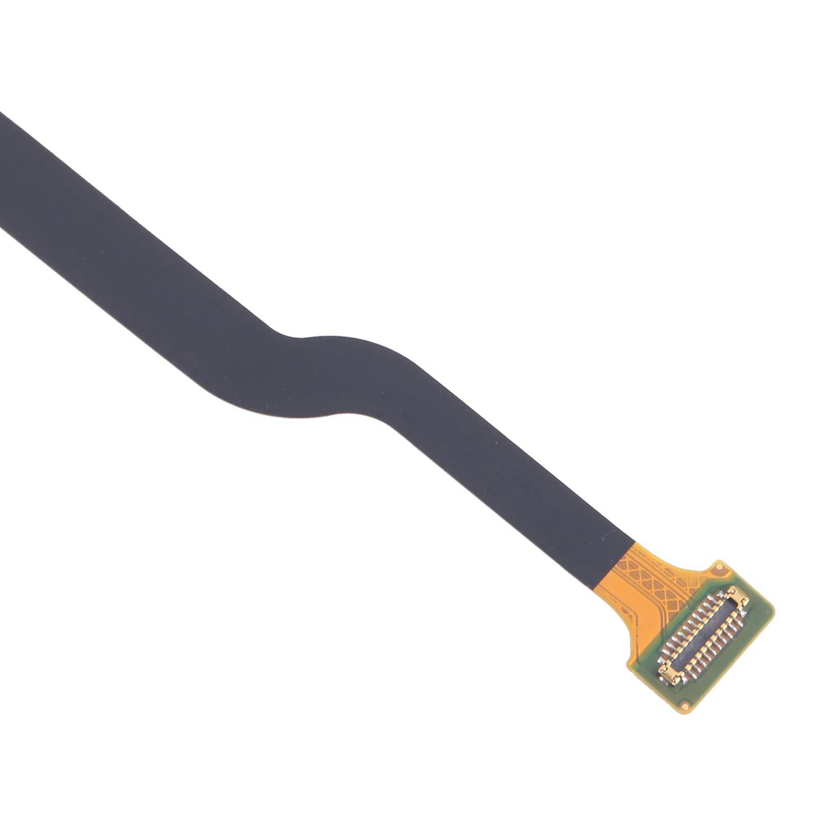 Ein flaches, flexibles Kabel mit einem Anschluss an einem Ende vor einem weißen Hintergrund.
