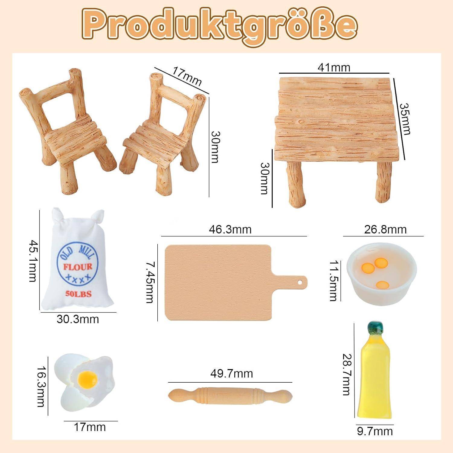 ‚Produktgröße' zeigt Mini-Möbel und Küchenartikel mit Abmessungen: Stühle (30 mm), Tisch (41 mm), Mehlsack (45 mm), Brett (74,5 mm), Teigrolle (49,7 mm) und Flasche (28,7 mm).