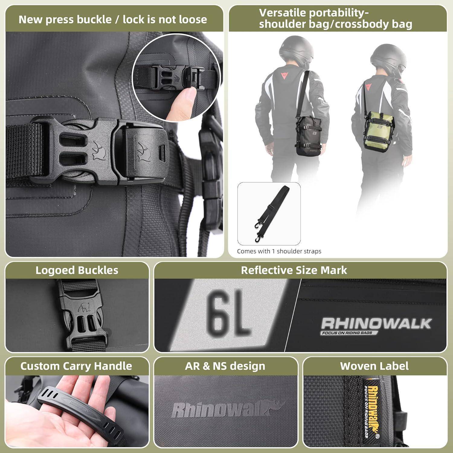Eine Motorradtaschenwerbung mit Hervorhebung der Merkmale: neue Druckschnalle, vielseitige Tragbarkeit, geloggte Schnallen, 6-Liter-Kapazität, reflektierende Markierung, individueller Tragegriff, AR- & NS-Design, gewebtes Etikett.