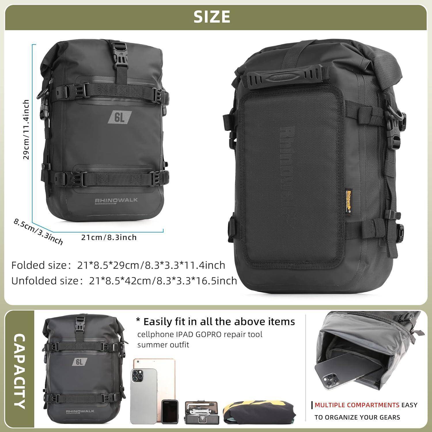Schwarzer 6-Liter-wasserdichter Rucksack mit zusammengefaltetem Maß von 21x8,5x29 cm und ausgeklapptem Maß von 21x8,5x33-41 cm. Zeigt Kapazität für verschiedene Gegenstände.