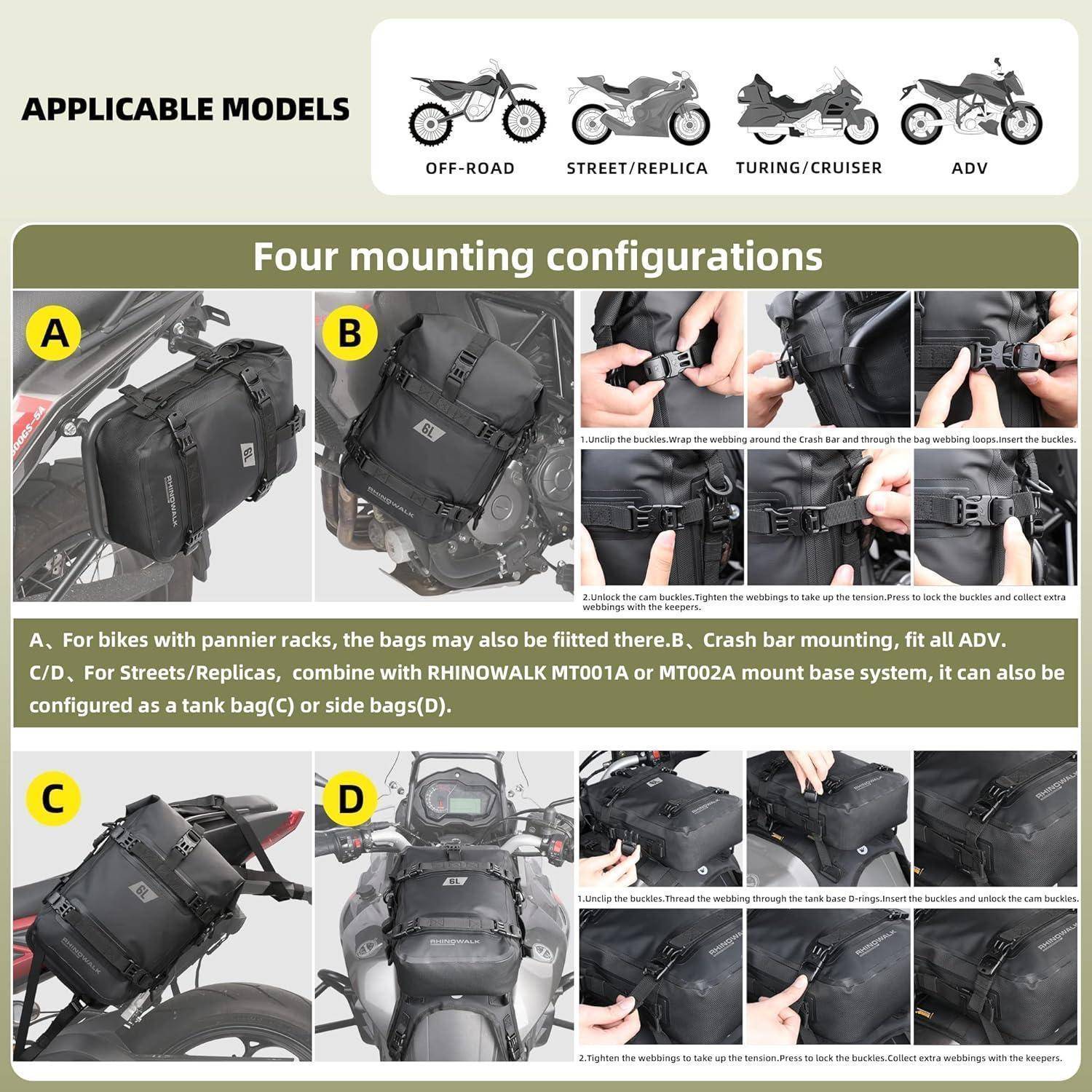 Vier Montagekonfigurationen, die ein Motorrad und Taschen zeigen. Modelle umfassen Gelände, Straße/Replik, Touring/Cruiser und ADV. Optionen A-D beschreiben Montagemethoden.