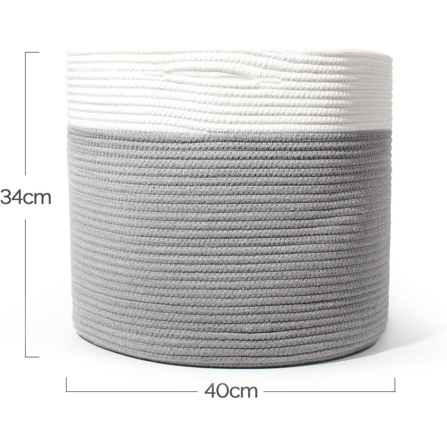 Grau und weiß gewebter Aufbewahrungskorb mit einer Höhe von 34 cm und einem Durchmesser von 40 cm.