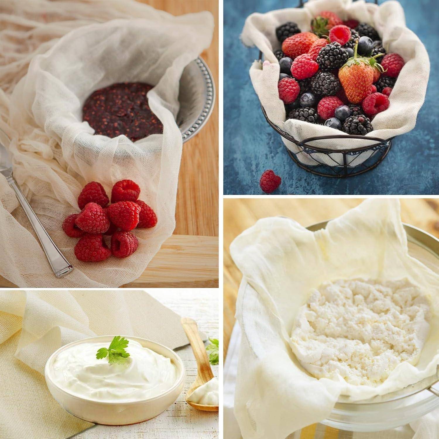 Eine Vielfalt an Gerichten mit Milchprodukten und Beeren auf einem Tuch. Im Uhrzeigersinn: gemischte Beeren, abgetropfte Molke, cremiges Gericht mit Kräutern und Himbeeren mit einer Beerensauce.