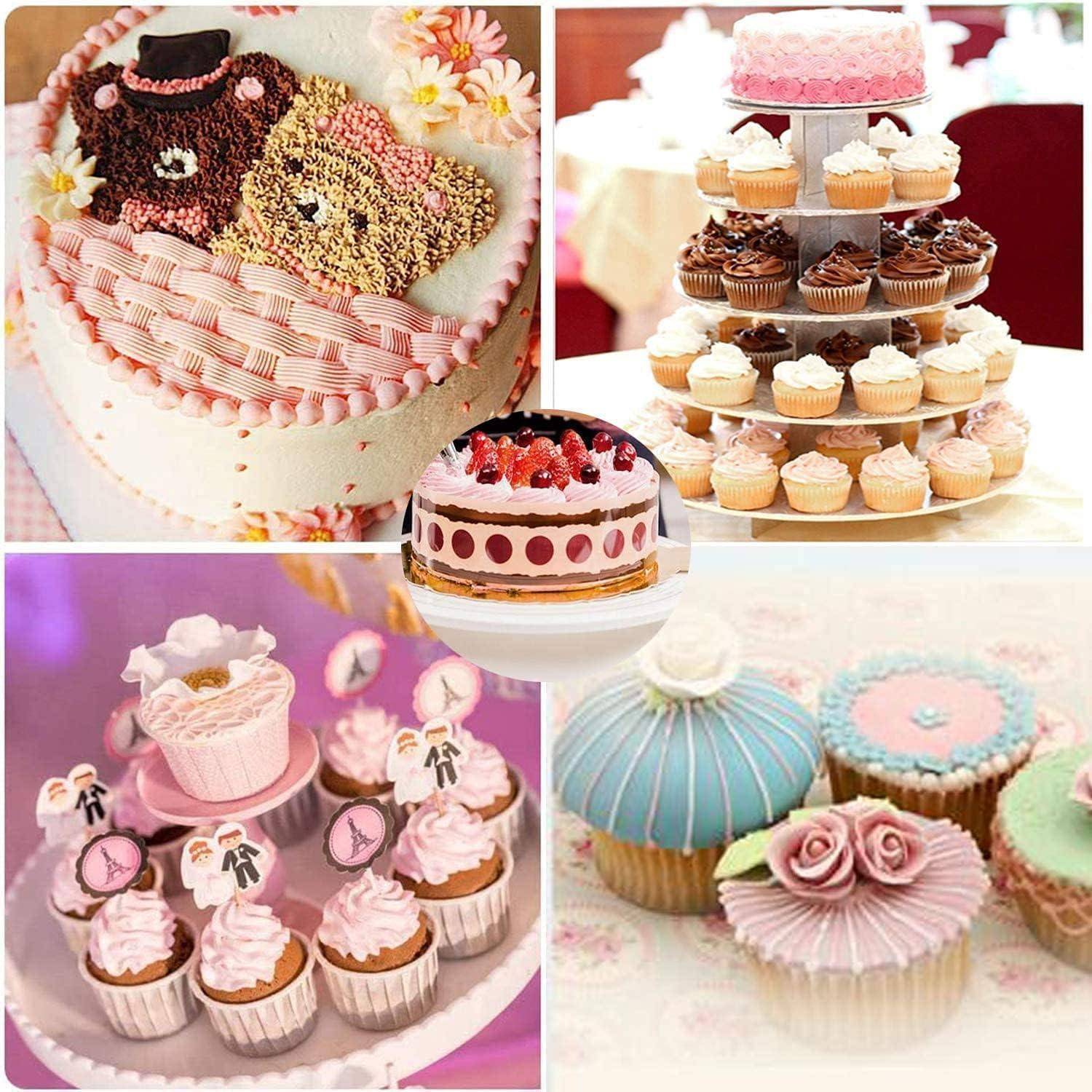 Eine Collage verschiedener Torten und Cupcakes: Links oben befindet sich eine Torte mit Bärendesigns; rechts oben zeigt ein Ständer mit mehrstufigen Cupcakes; links und rechts unten stellen geschmückte Cupcakes mit Blumen dar.