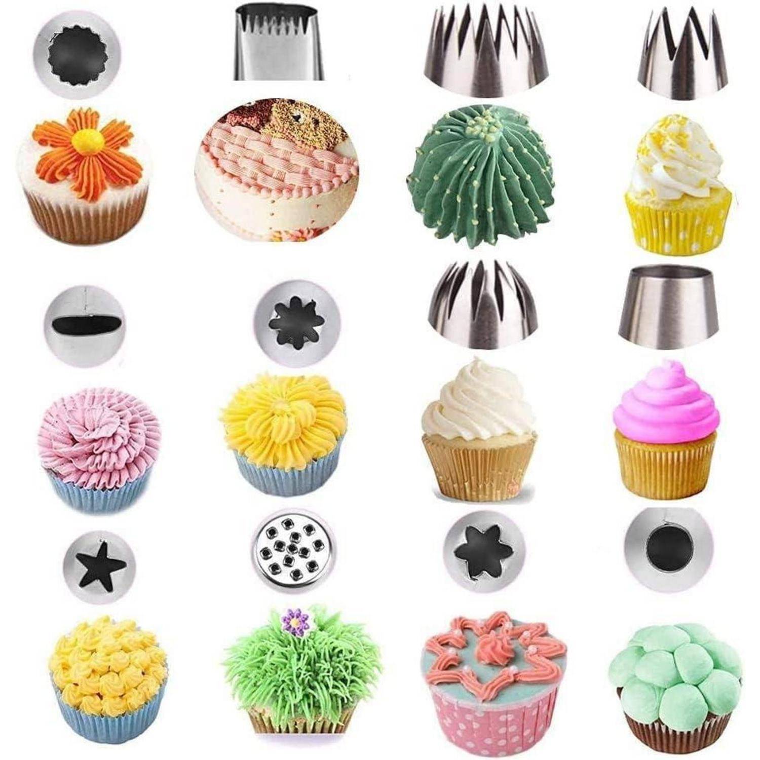 Tipps zur Zuckerglasur-Dekoration und ihre Wirkung auf Cupcakes, mit verschiedenen Mustern wie Sternen, Rillen, Blumen und Spiralen.