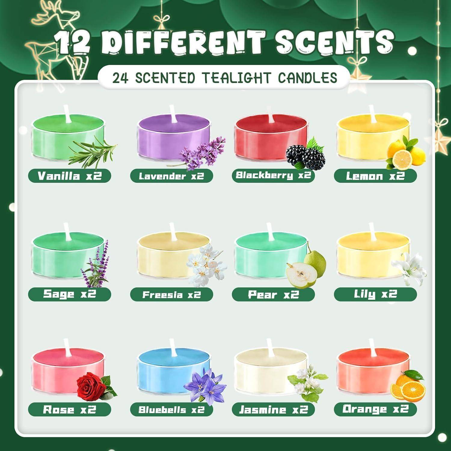 12 verschiedene Düfte' mit Bildern von Teelichtkerzen beschriftet: Vanille, Lavendel, Brombeere, Zitrone, Salbei, Freesie, Birne, Lilie, Rose, Glockenblume, Jasmin, Orange. Jeder Duft hat 2 Kerzen.
