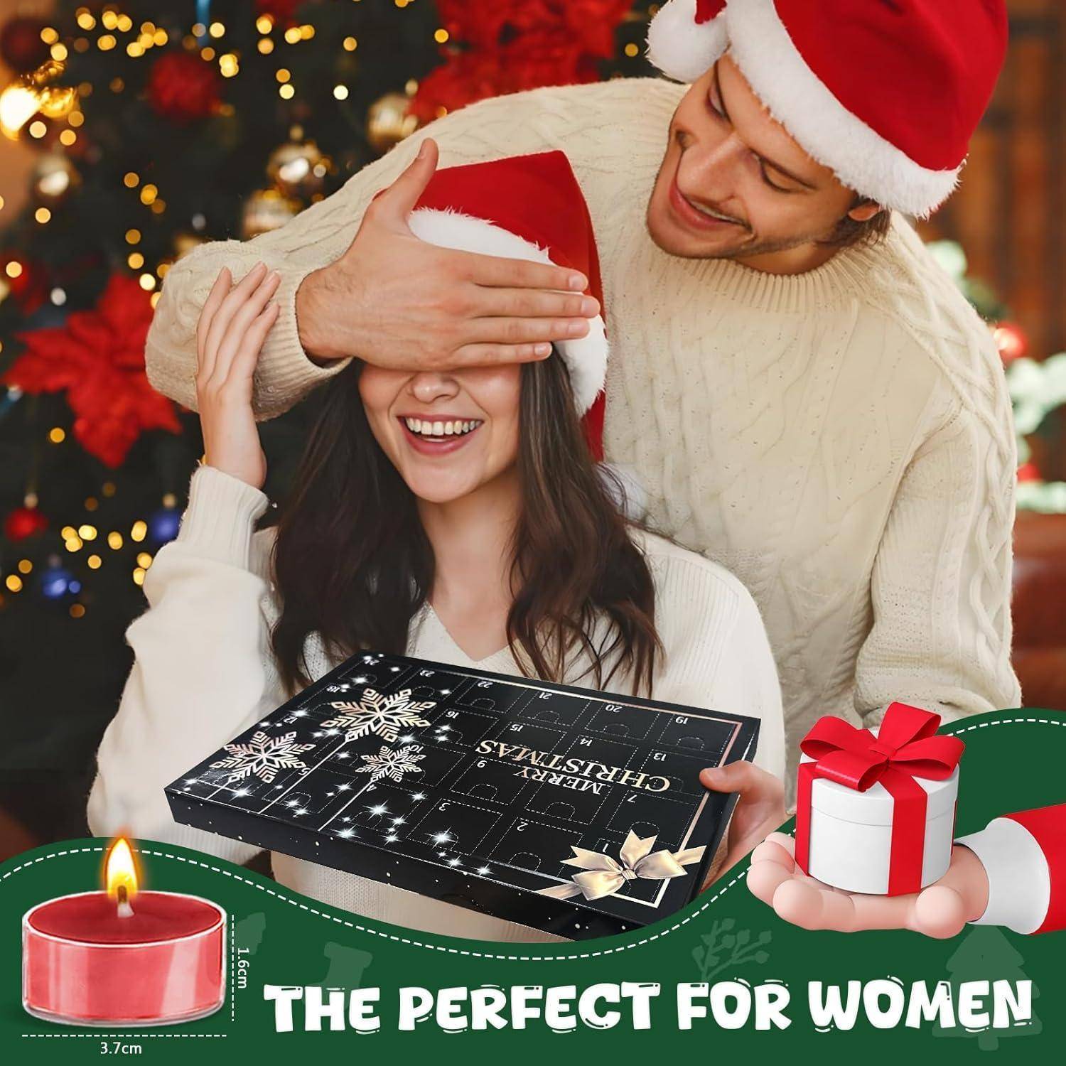 Eine Frau mit Weihnachtsmütze hält ein Geschenk; ein Mann bedeckt ihr verspielt die Augen. Text liest sich: 