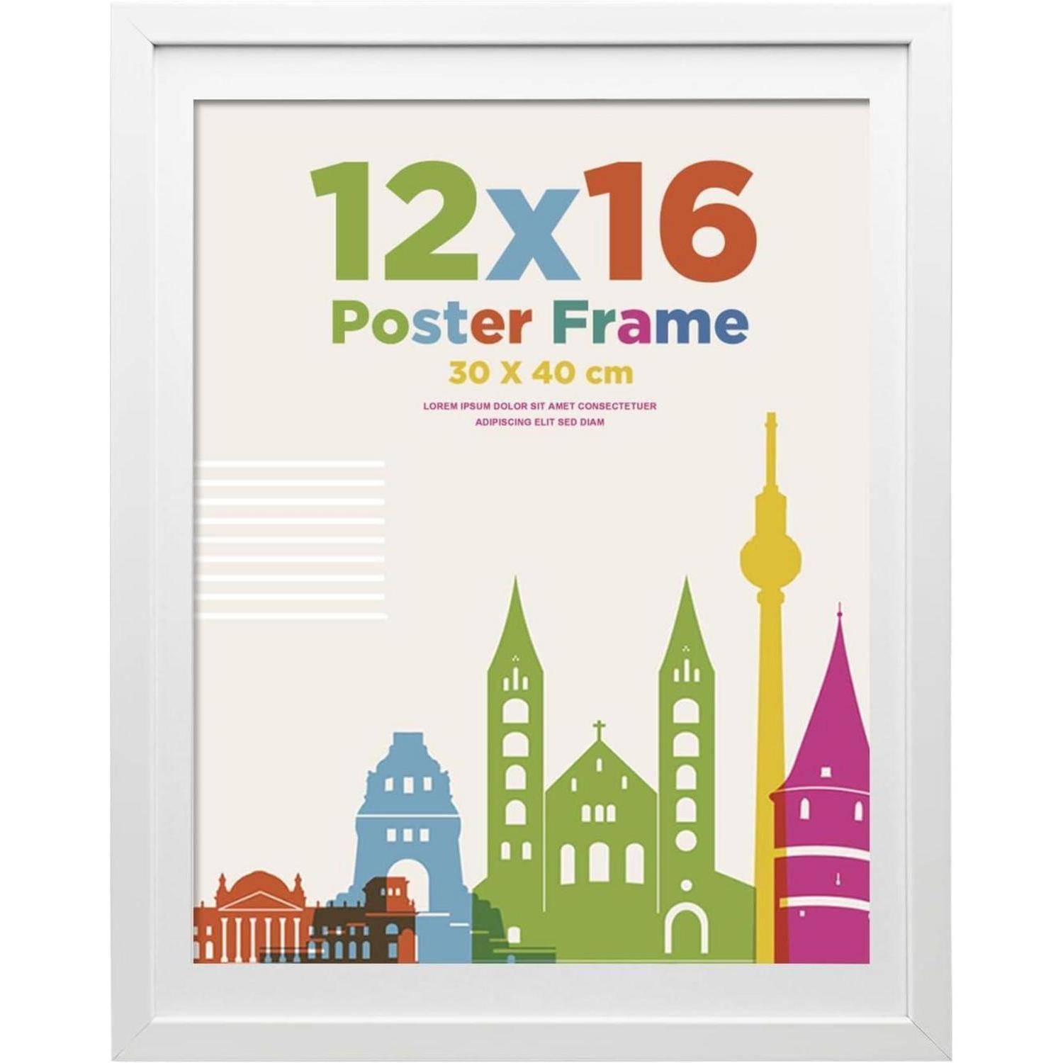 Posterrahmen mit farbenfroher Skyline-Illustration, beschriftet mit '12x16 Posterrahmen, 30 x 40 cm'. Enthält Platzhaltertext in kleiner Schrift.