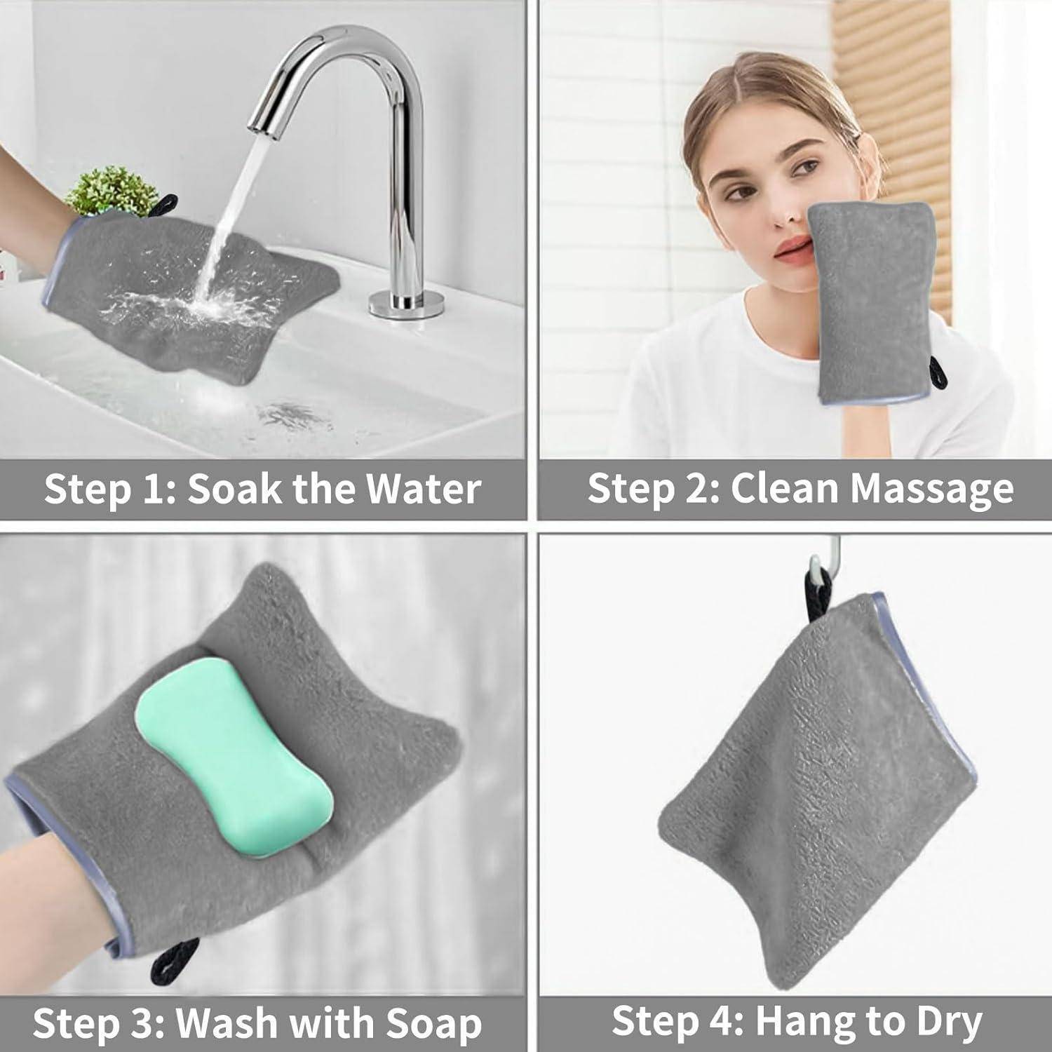 Schritt-für-Schritt-Anleitung zur Verwendung eines Reinigungsmitts: 1. In Wasser einweichen. 2. Massierend reinigen. 3. Mit Seife waschen. 4. Zum Trocknen aufhängen.
