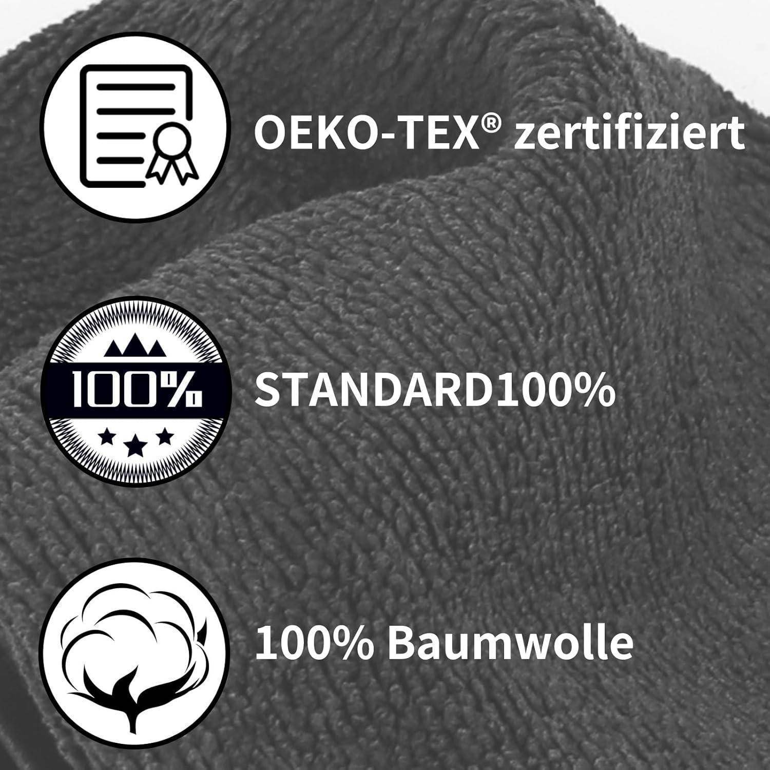 Schwarzweißes Bild mit drei Icons und Text: 'OEKO-TEX zertifiziert', 'STANDARD 100%' und '100% Baumwolle', die Qualität und Baumwollgehalt betonen.