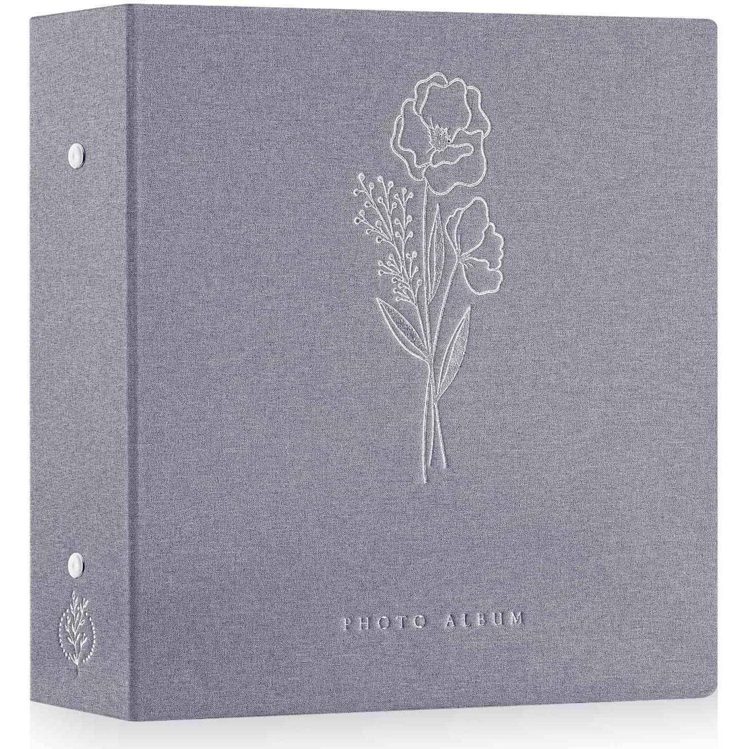 Ein grauer Fotoalbum mit einem eingeprägten Blumenmuster auf dem Einband. Die Worte 'Fotoalbum' sind am unteren Rand in Weiß gedruckt.