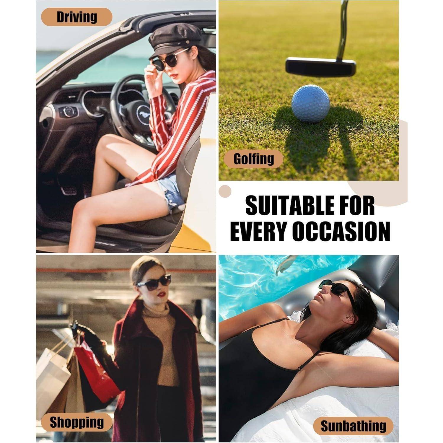 Autofahren, Golf spielen, Einkaufen, Sonnenbaden' Aktivitäten mit einem zentralen Text: 'Für jede Gelegenheit geeignet.' Menschen führen jeweils die entsprechende Aktivität aus.