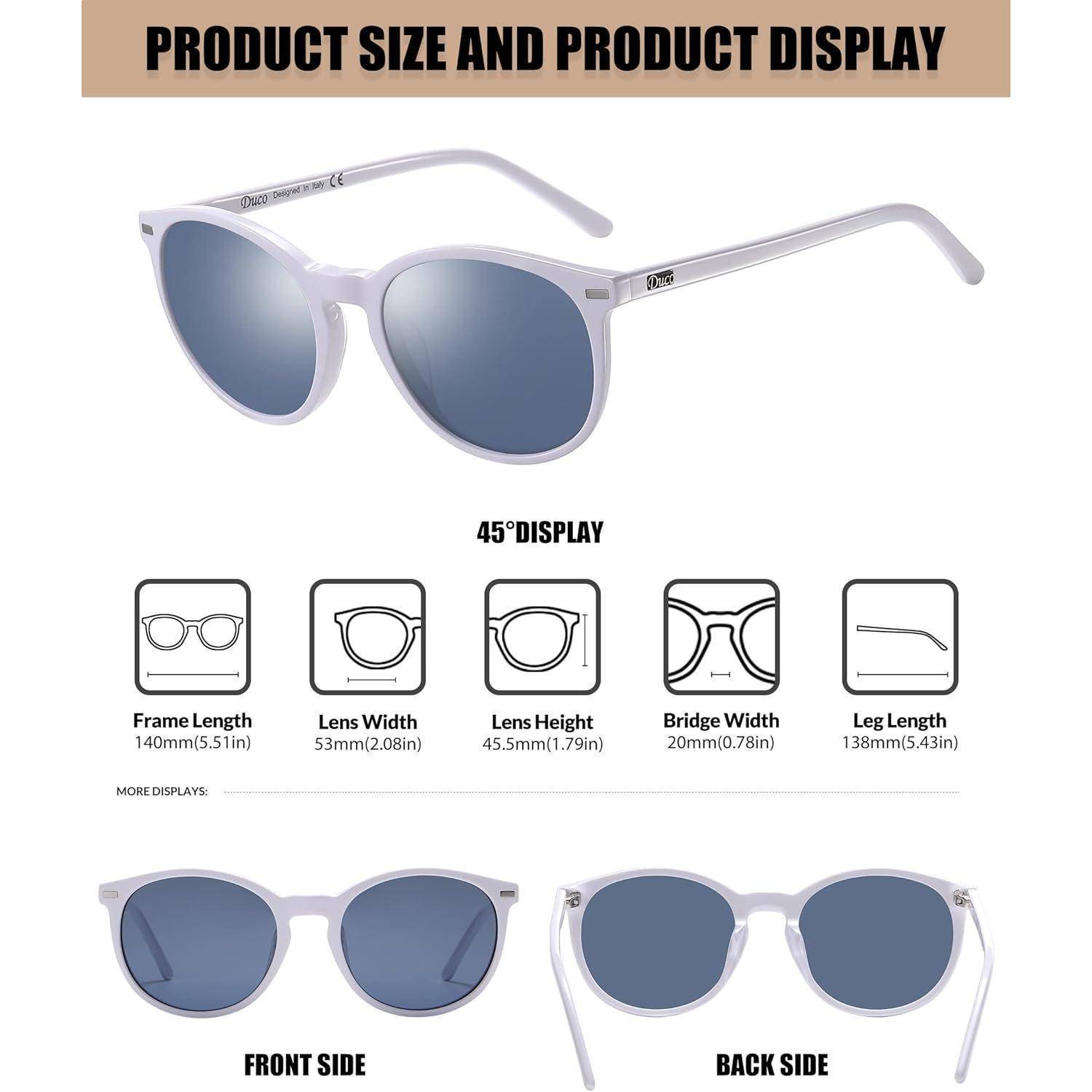 Sonnenbrille Produktpräsentation. Vorder- und Rückansicht von weißgerahmten Sonnenbrillen mit blauen Gläsern. Maßangaben für Rahmen, Linsen, Nasensteg und Bügel.