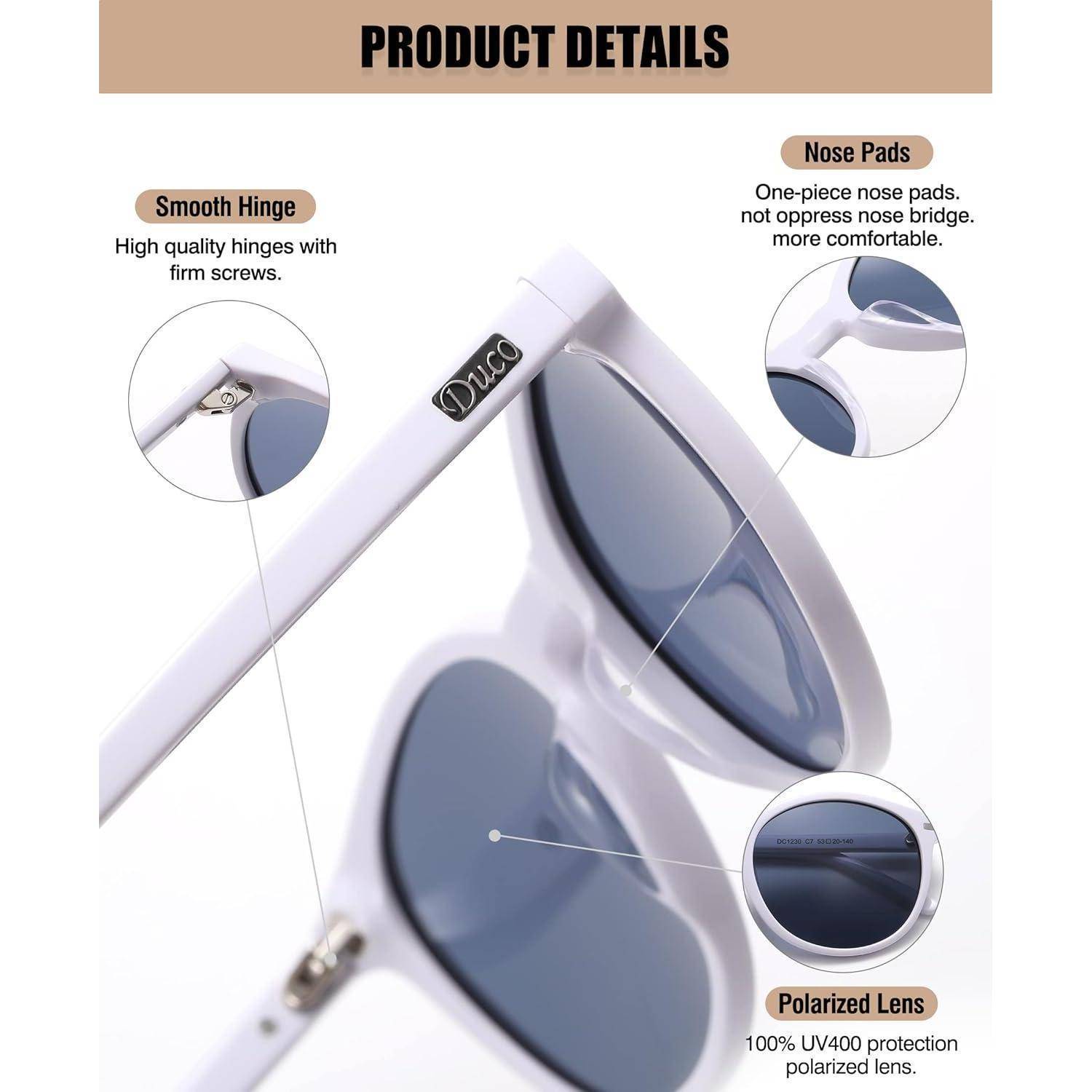 Produktdetails für weiße Sonnenbrille mit glatten Scharnieren, Nasenpads für Komfort und UV400-Schutz mit polarisierten Gläsern.