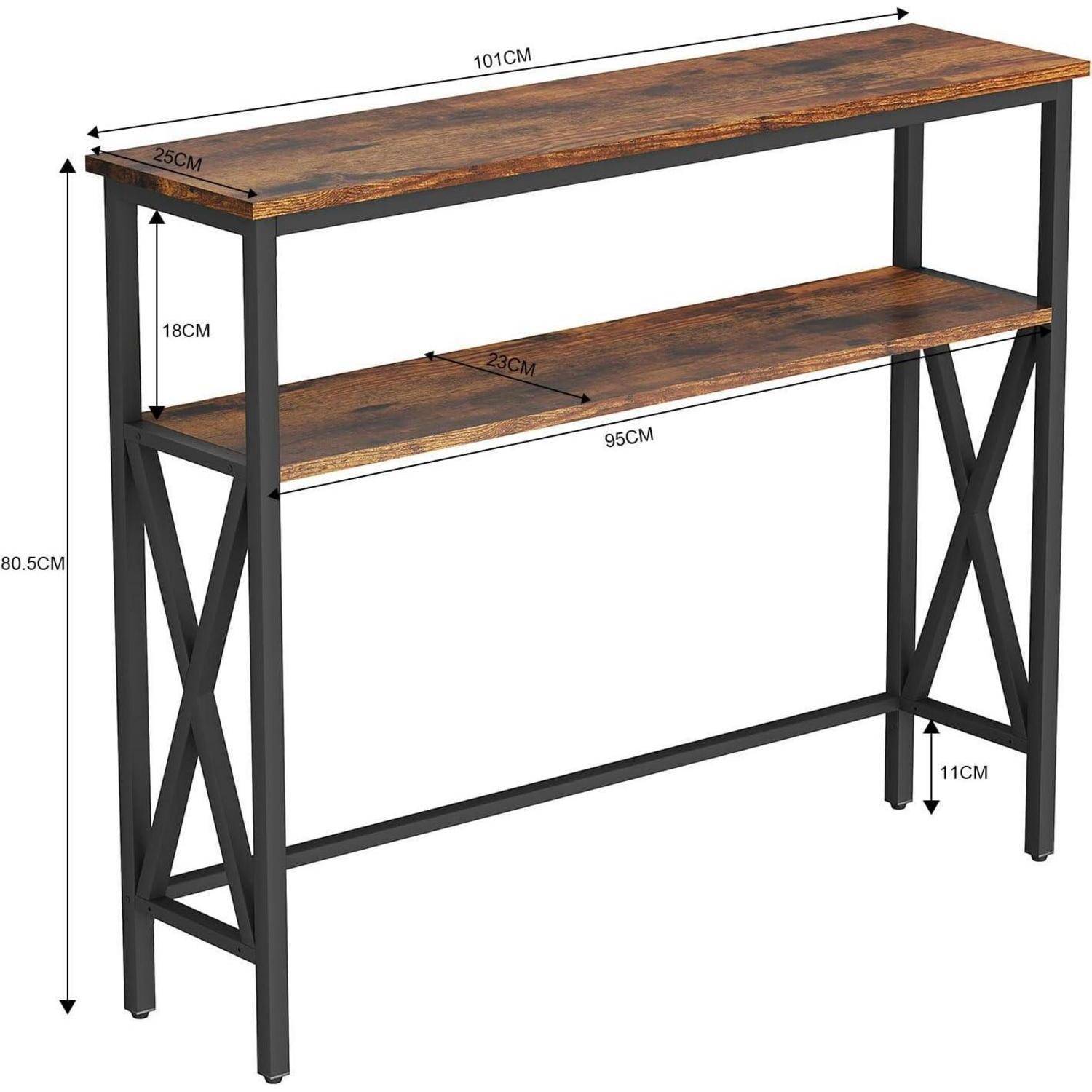 Rustikaler brauner Konsolentisch mit schwarzem Metallgestell, ausgestattet mit zwei Holzablagen. Maße: 101 cm Länge, 80,5 cm Höhe, 25 cm Breite.