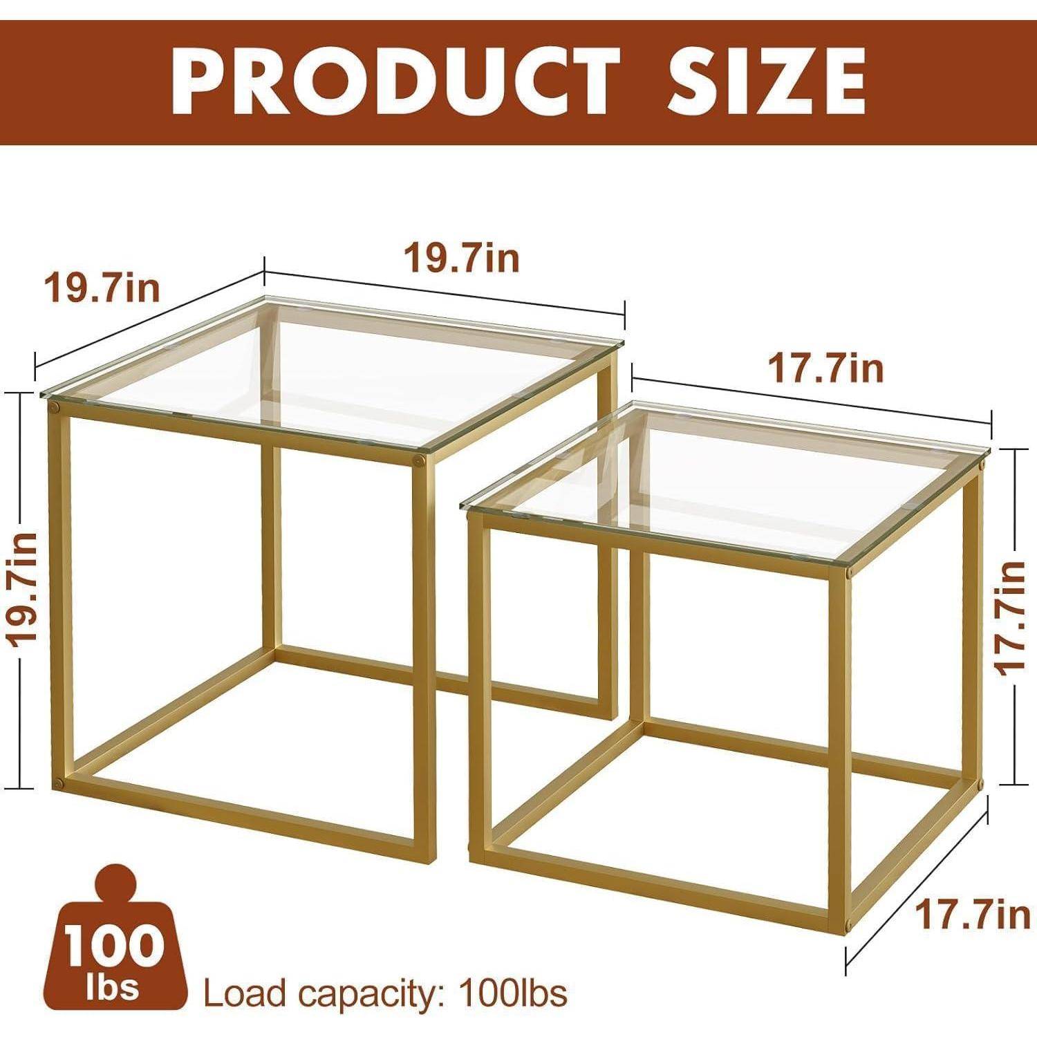 Zwei goldfarbig gerahmte Satztische mit Glasplatten werden gezeigt. Der größere Tisch misst 50x50 cm, der kleinere 45x45 cm. Tragfähigkeit: 100 Pfund.