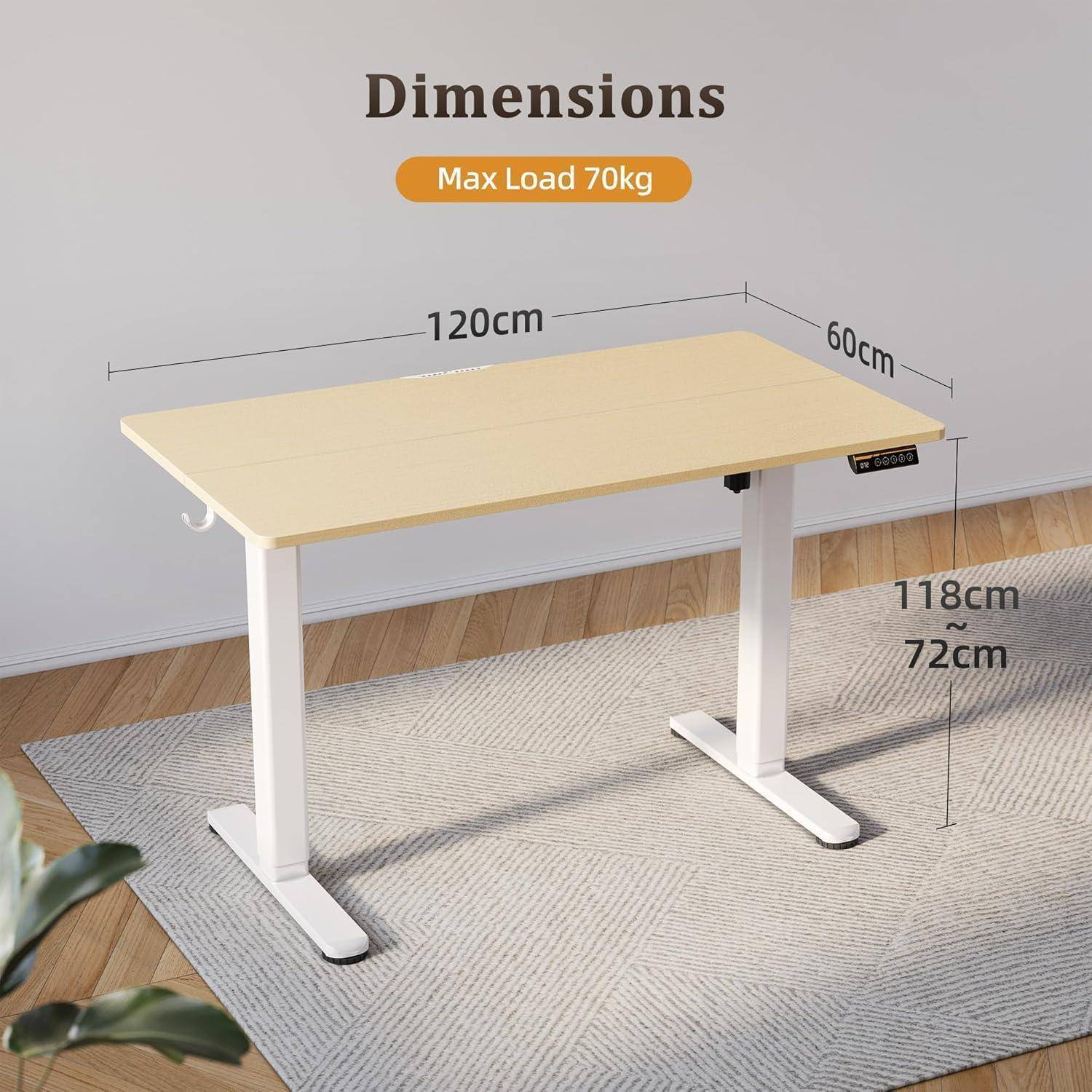 Schreibtisch aus Holz mit weißen Beinen, 120 cm breit, 60 cm tief und in der Höhe verstellbar zwischen 72 cm und 118 cm. Maximale Belastbarkeit 70 kg.